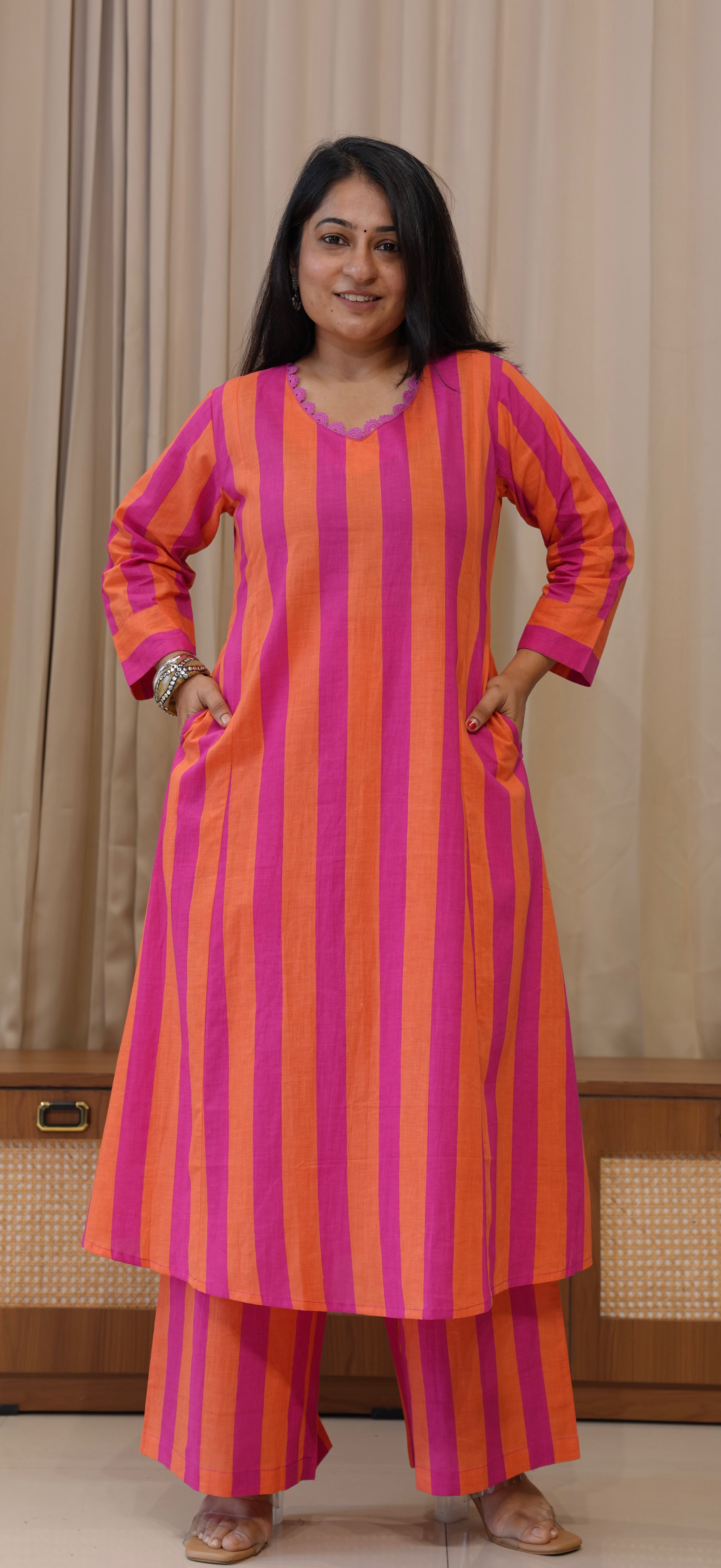 Orange/Pink Stripes Cotton Kurta