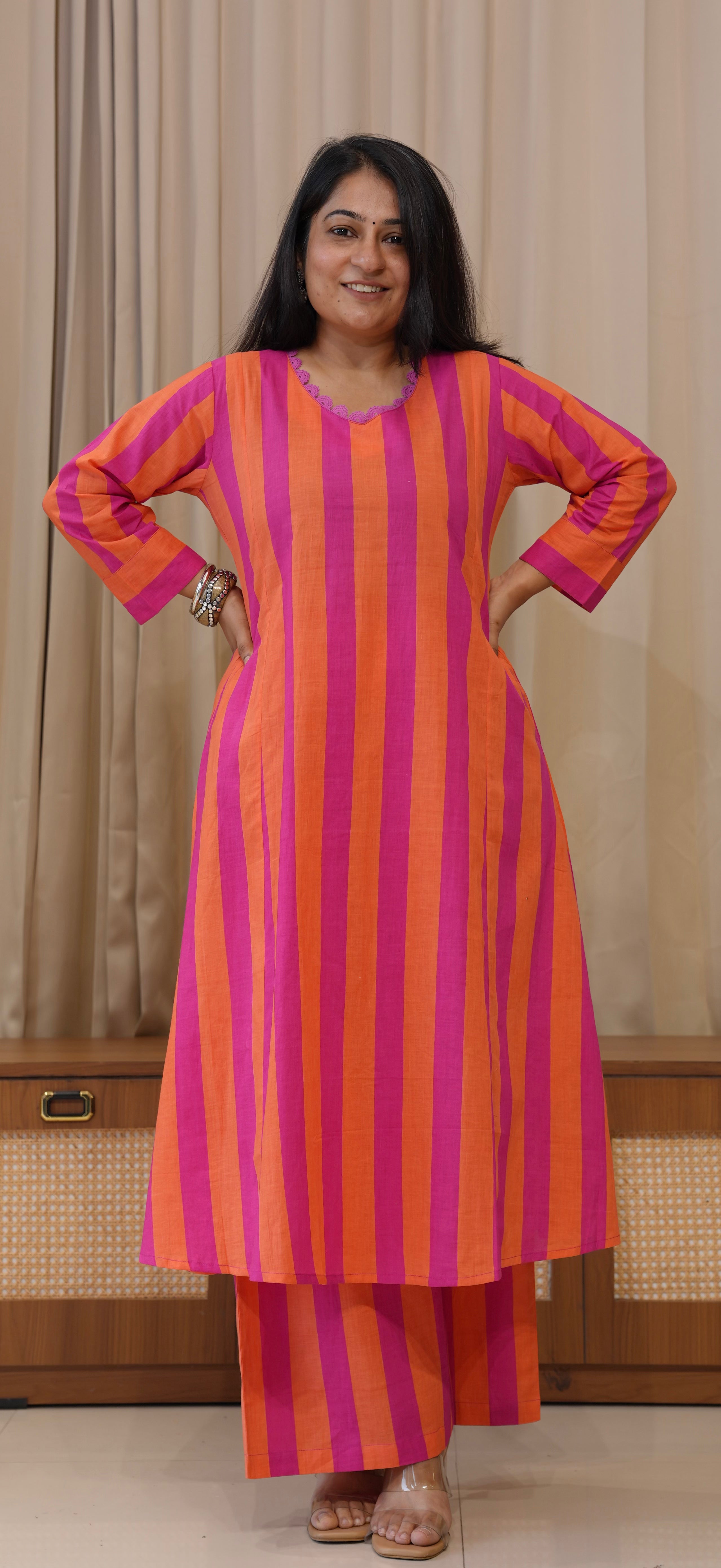 Orange/Pink Stripes Cotton Kurta