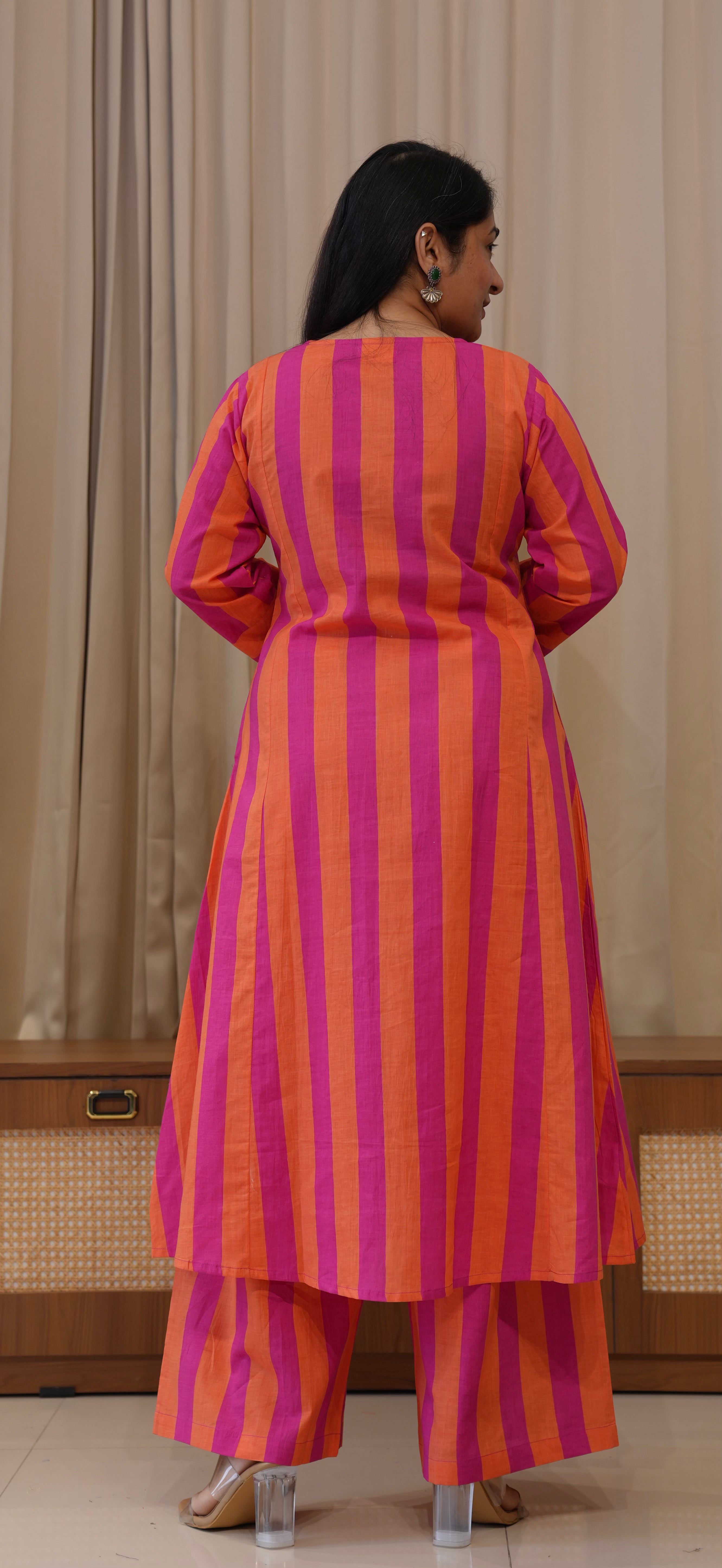 Orange/Pink Stripes Cotton Kurta