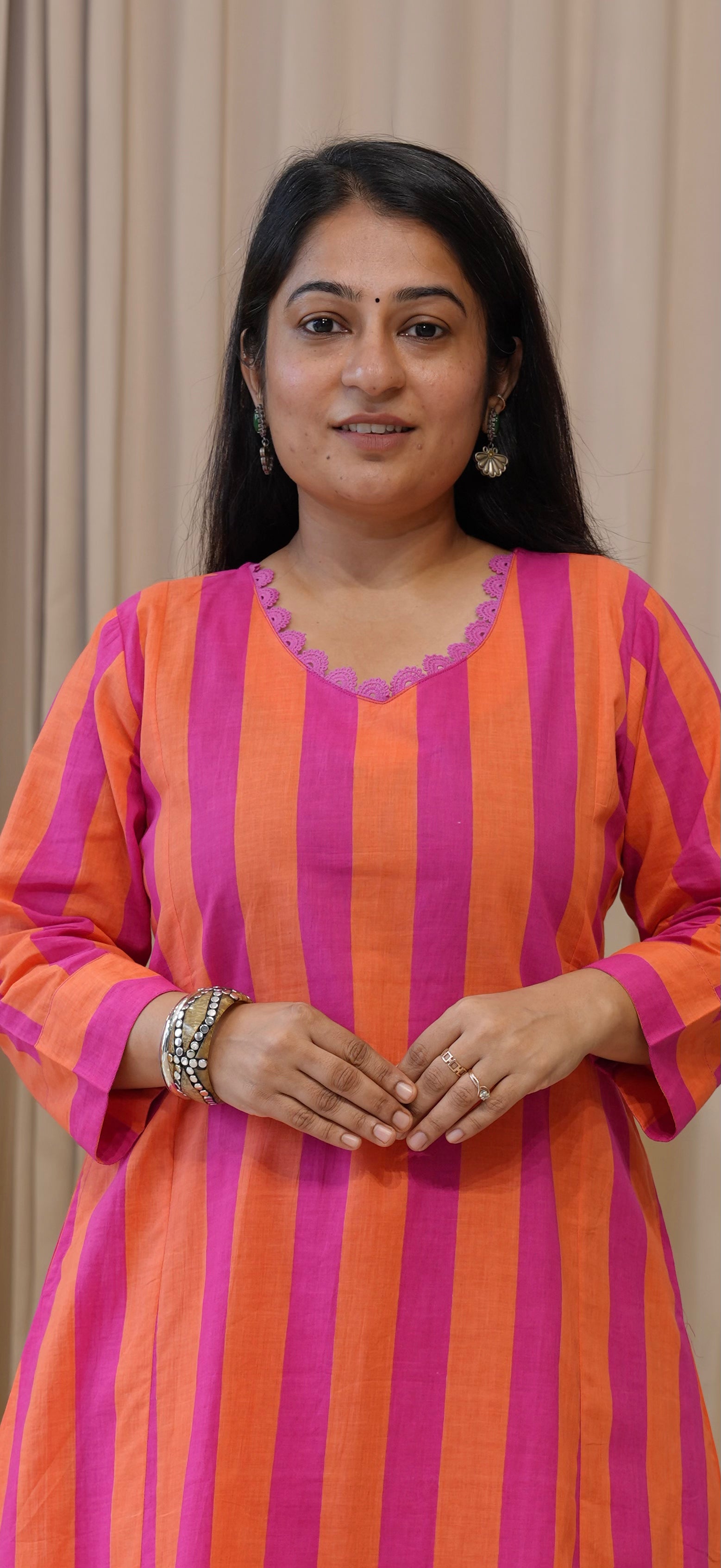 Orange/Pink Stripes Cotton Kurta