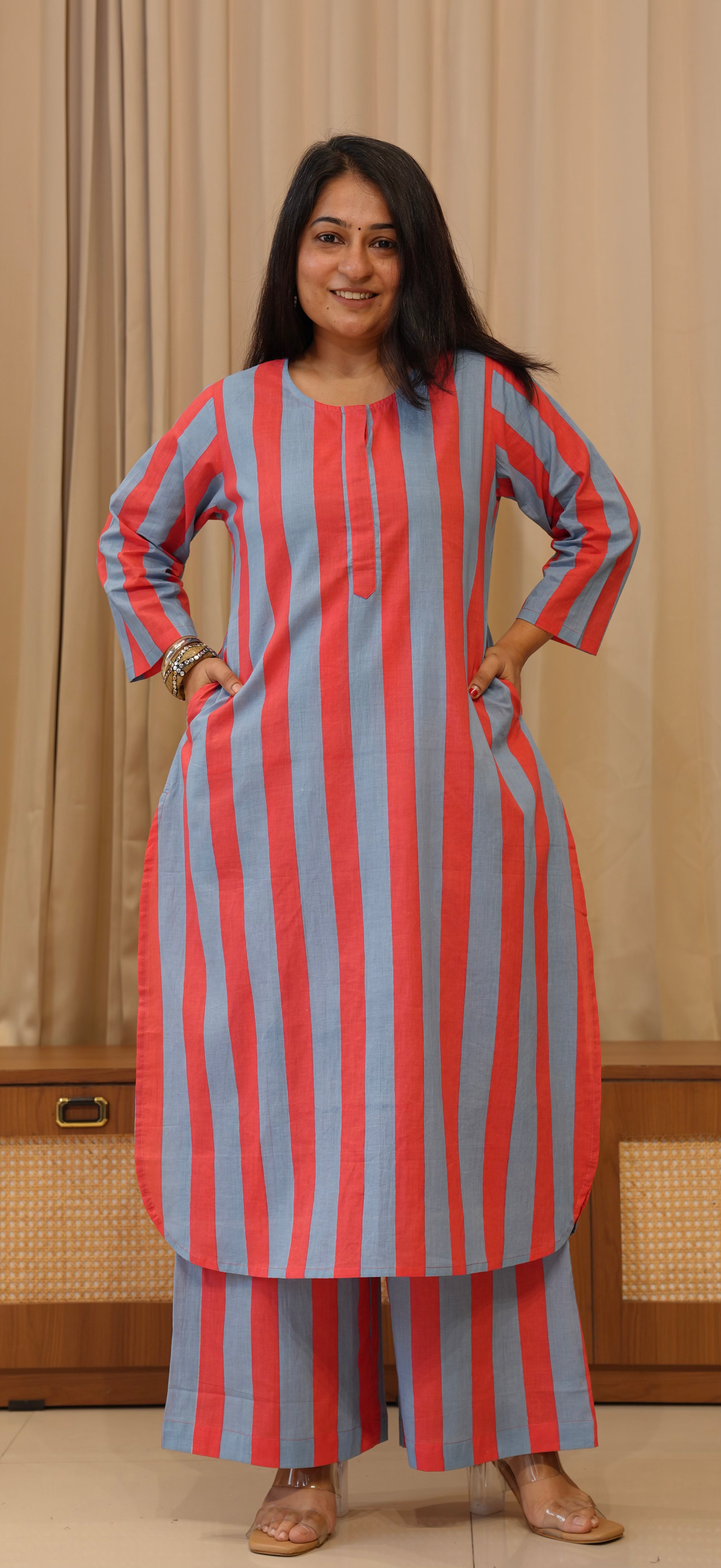 Blue/Red Stripes Cotton Co-ord Set