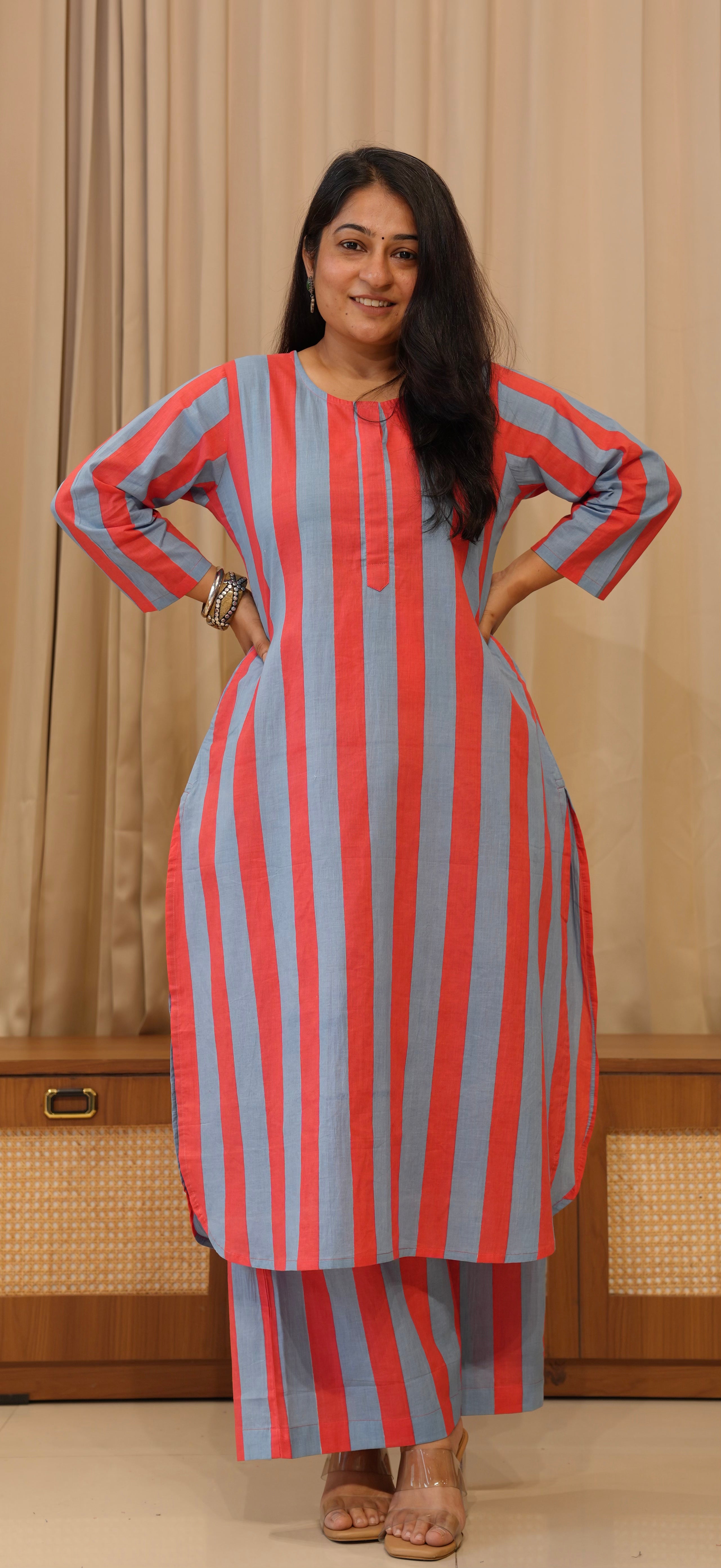 Blue/Red Stripes Cotton Co-ord Set