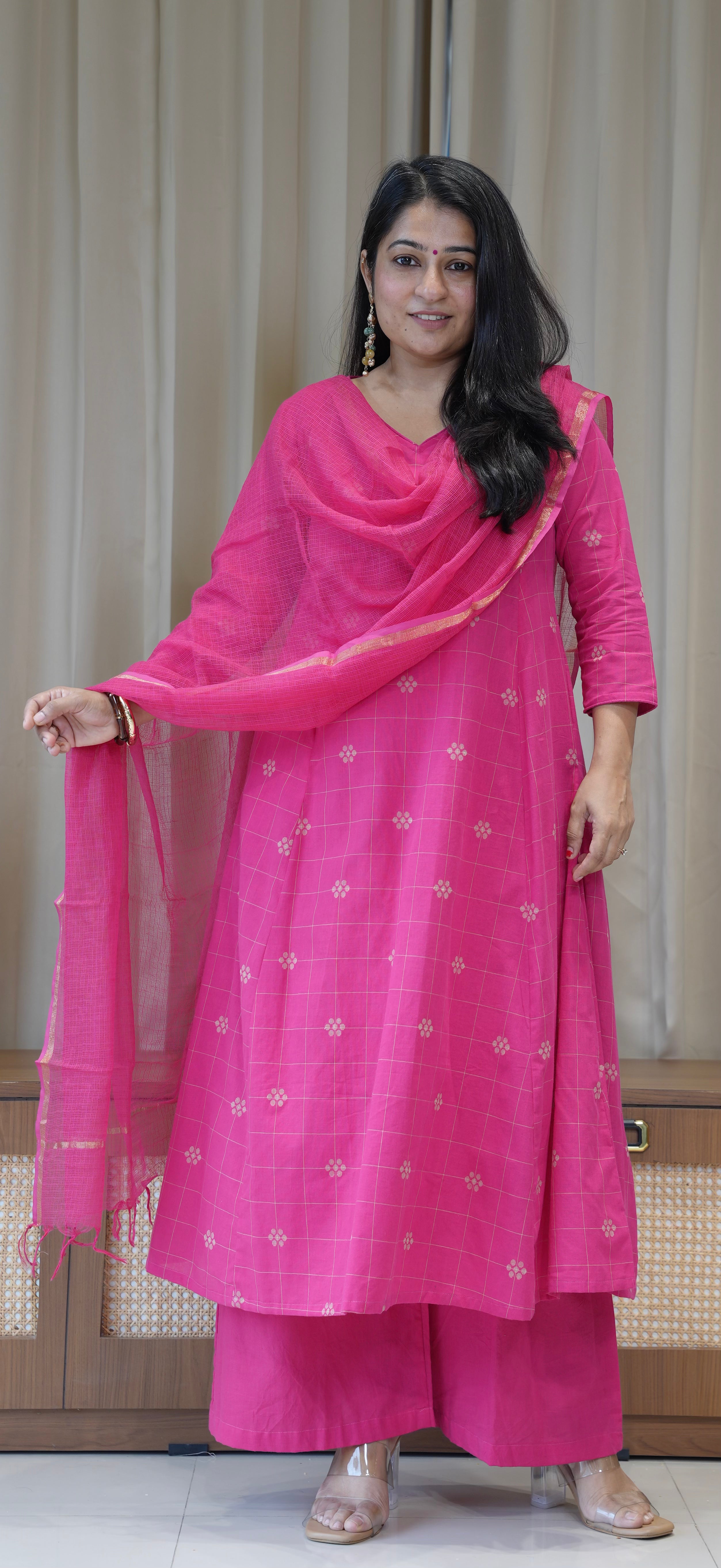 Aadhya Handwoven Cotton Kurta - Rani Pink