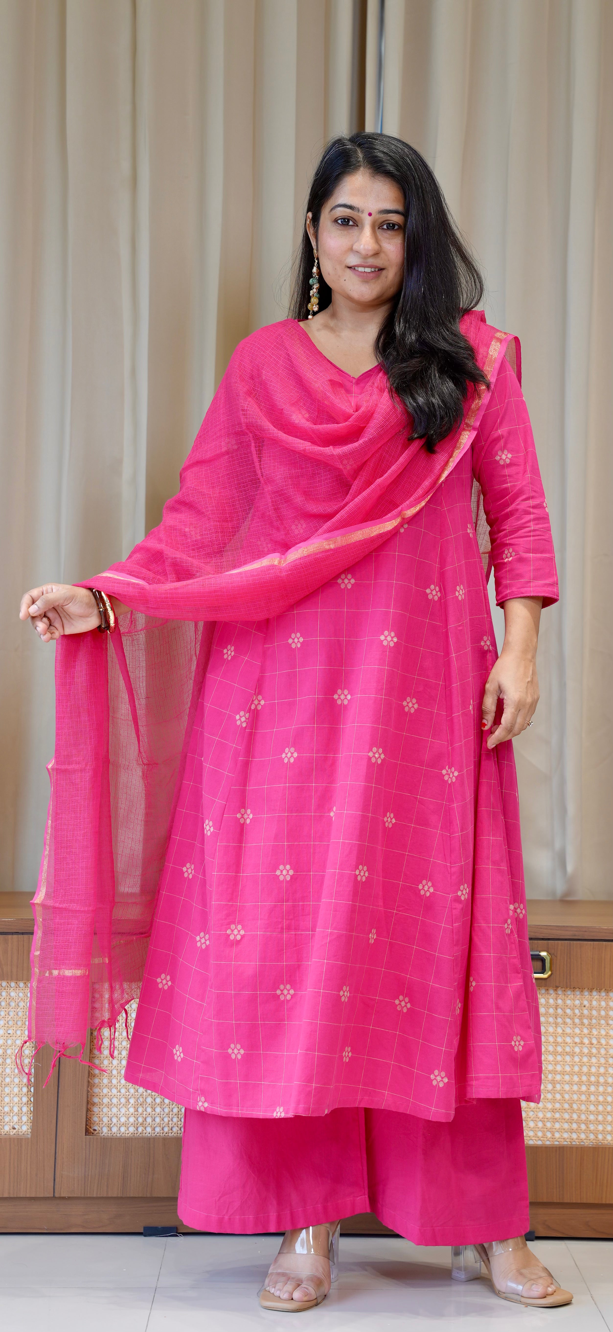 Aadhya Handwoven Cotton Kurta - Rani Pink