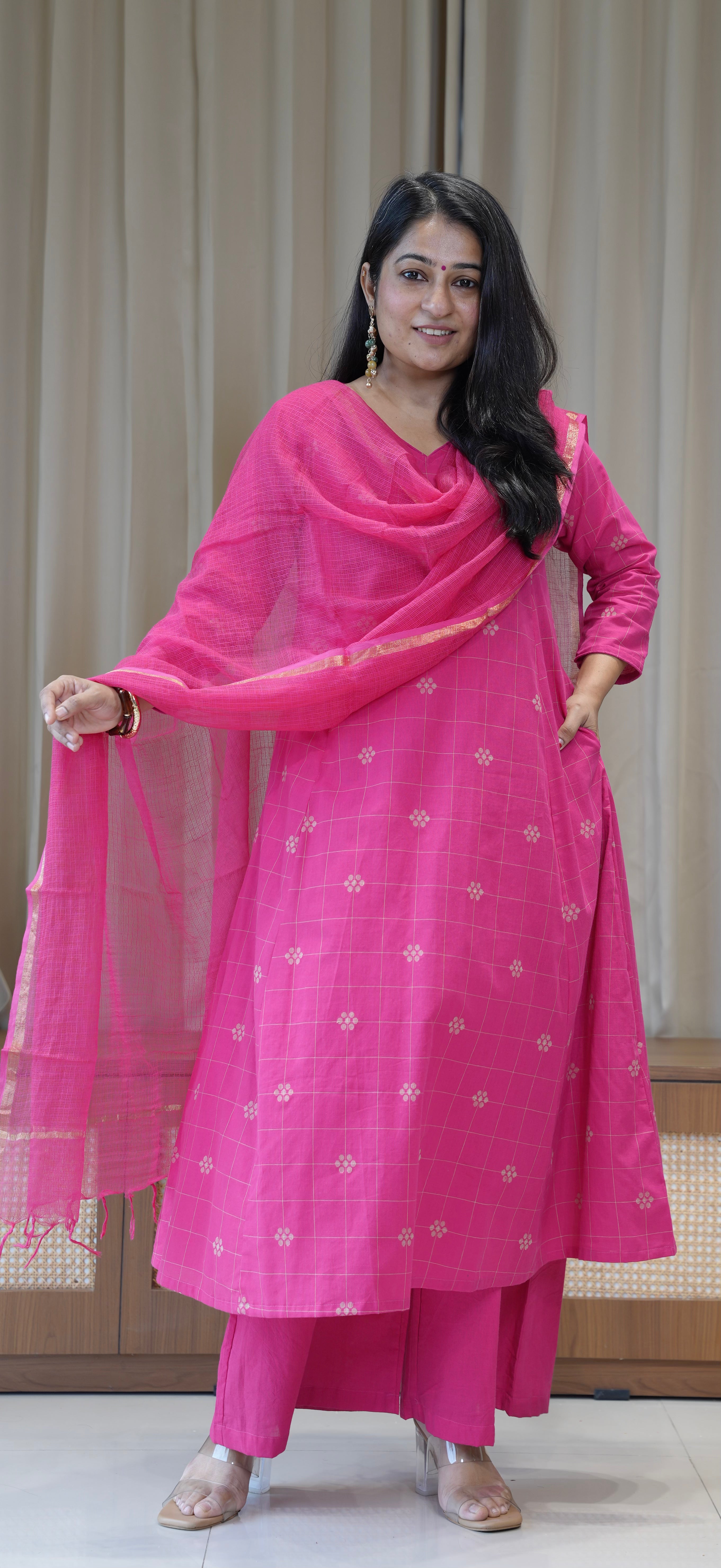 Aadhya Handwoven Cotton Kurta - Rani Pink