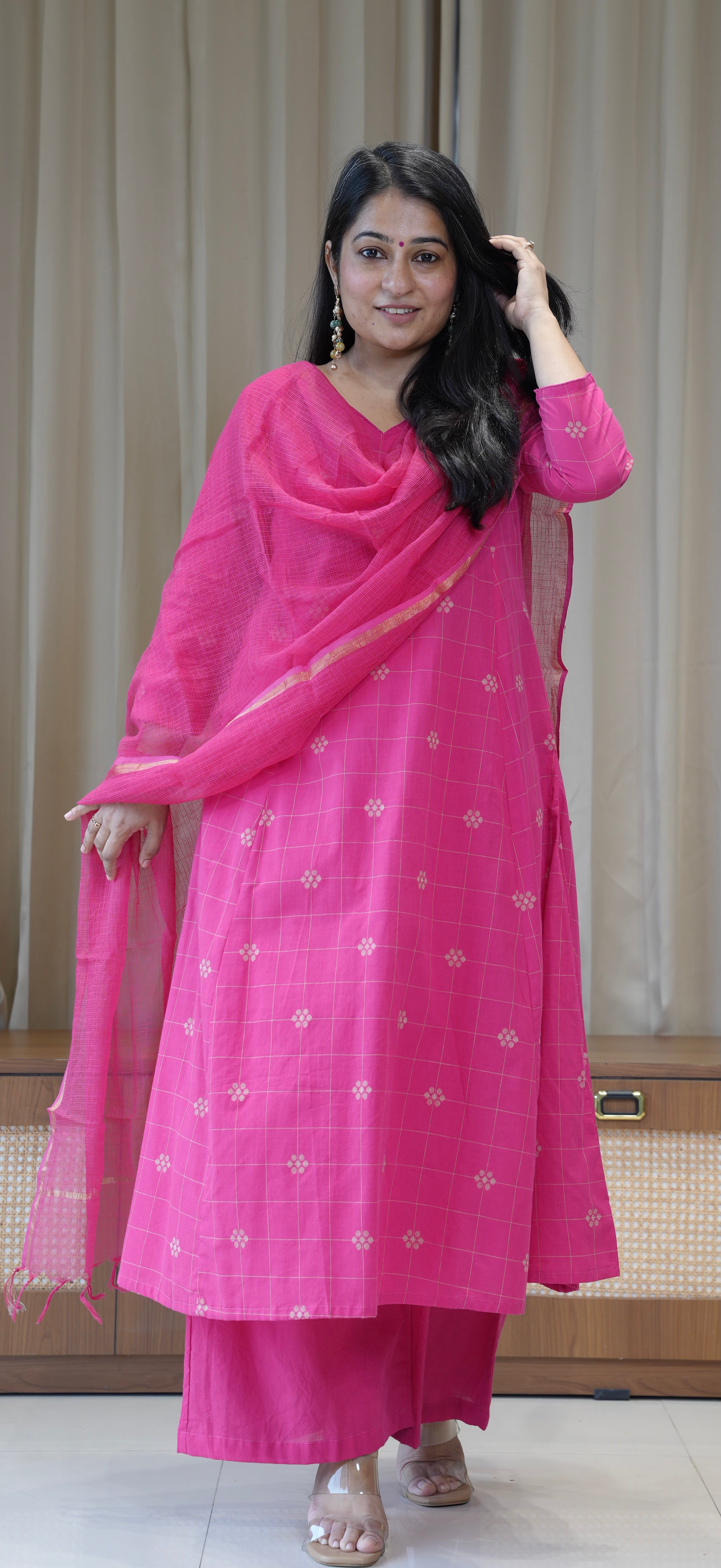 Aadhya Handwoven Cotton Kurta - Rani Pink