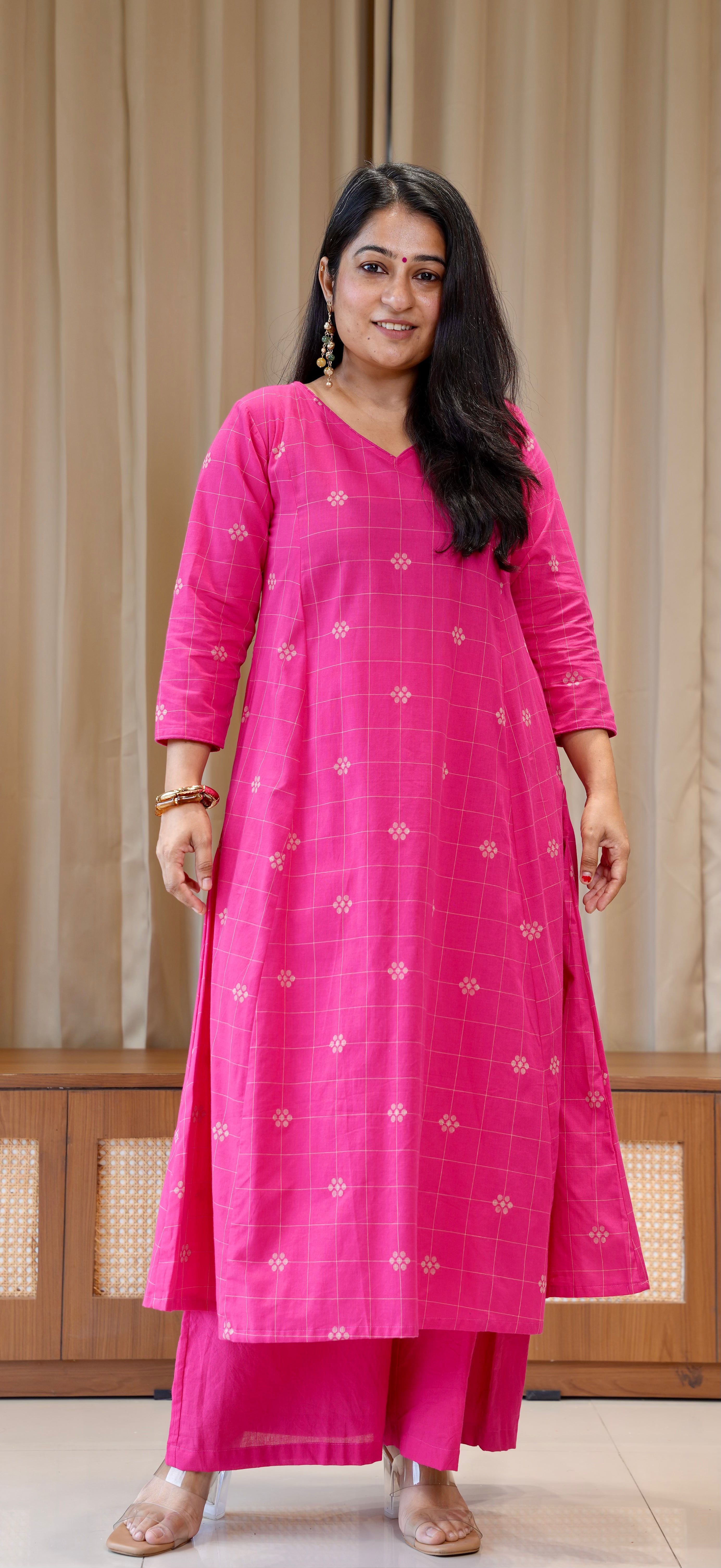 Aadhya Handwoven Cotton Kurta - Rani Pink