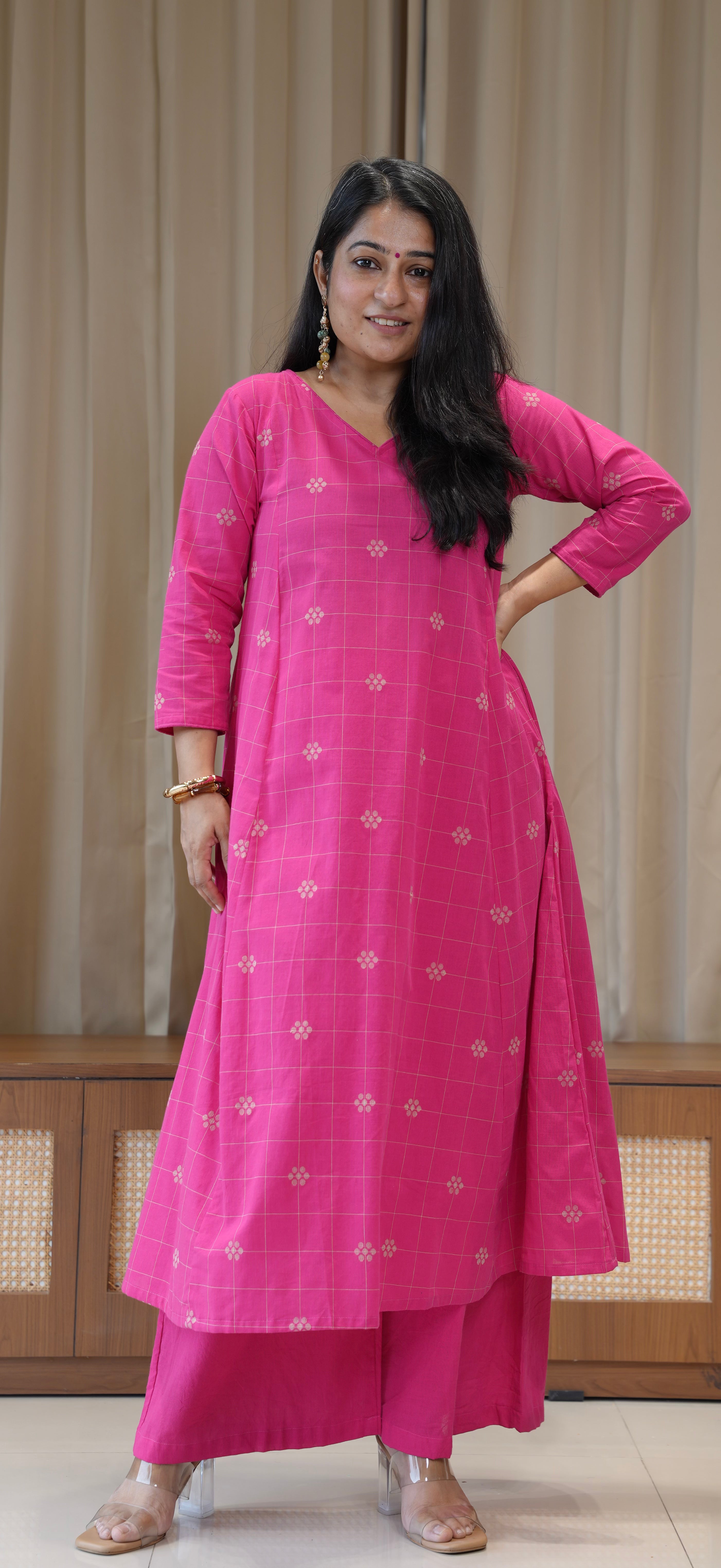Aadhya Handwoven Cotton Kurta - Rani Pink