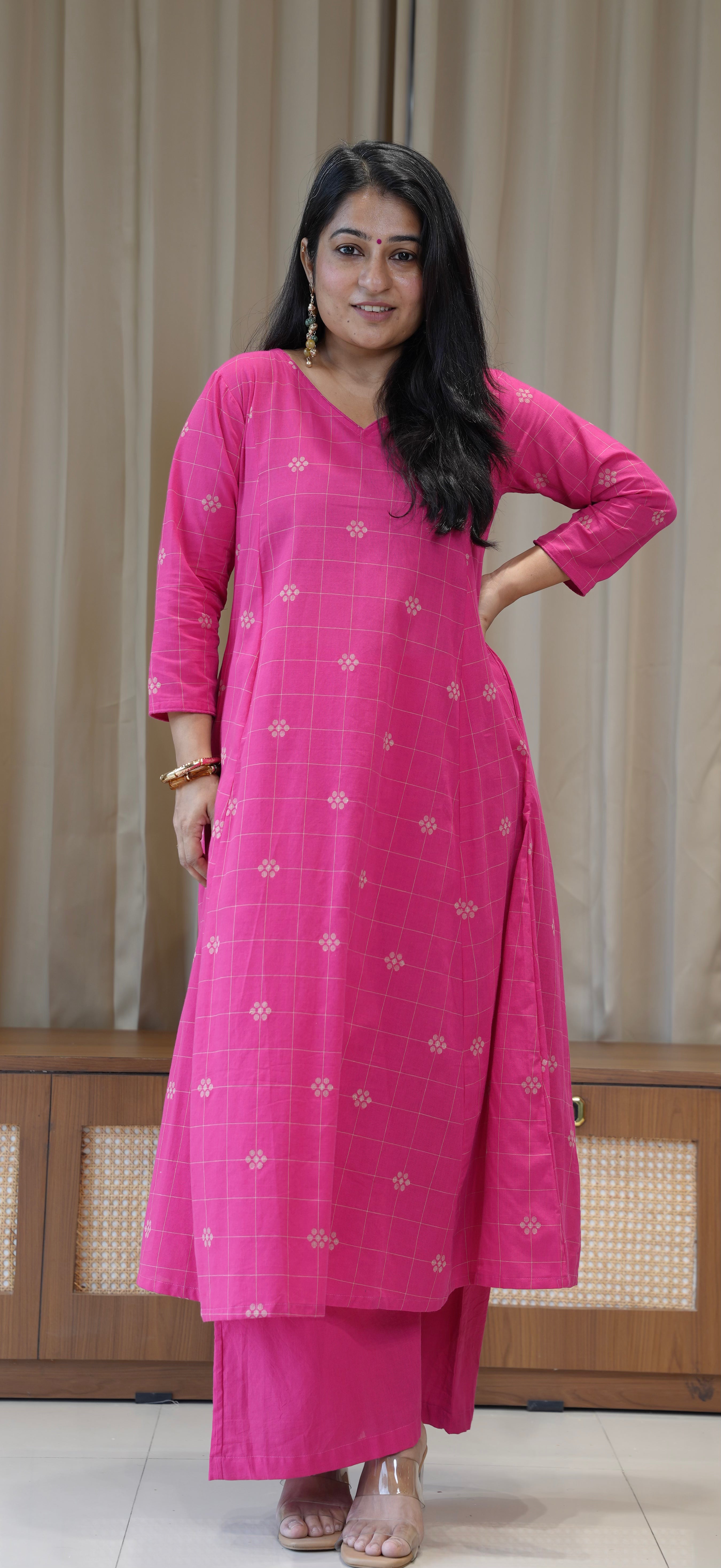 Aadhya Handwoven Cotton Kurta - Rani Pink