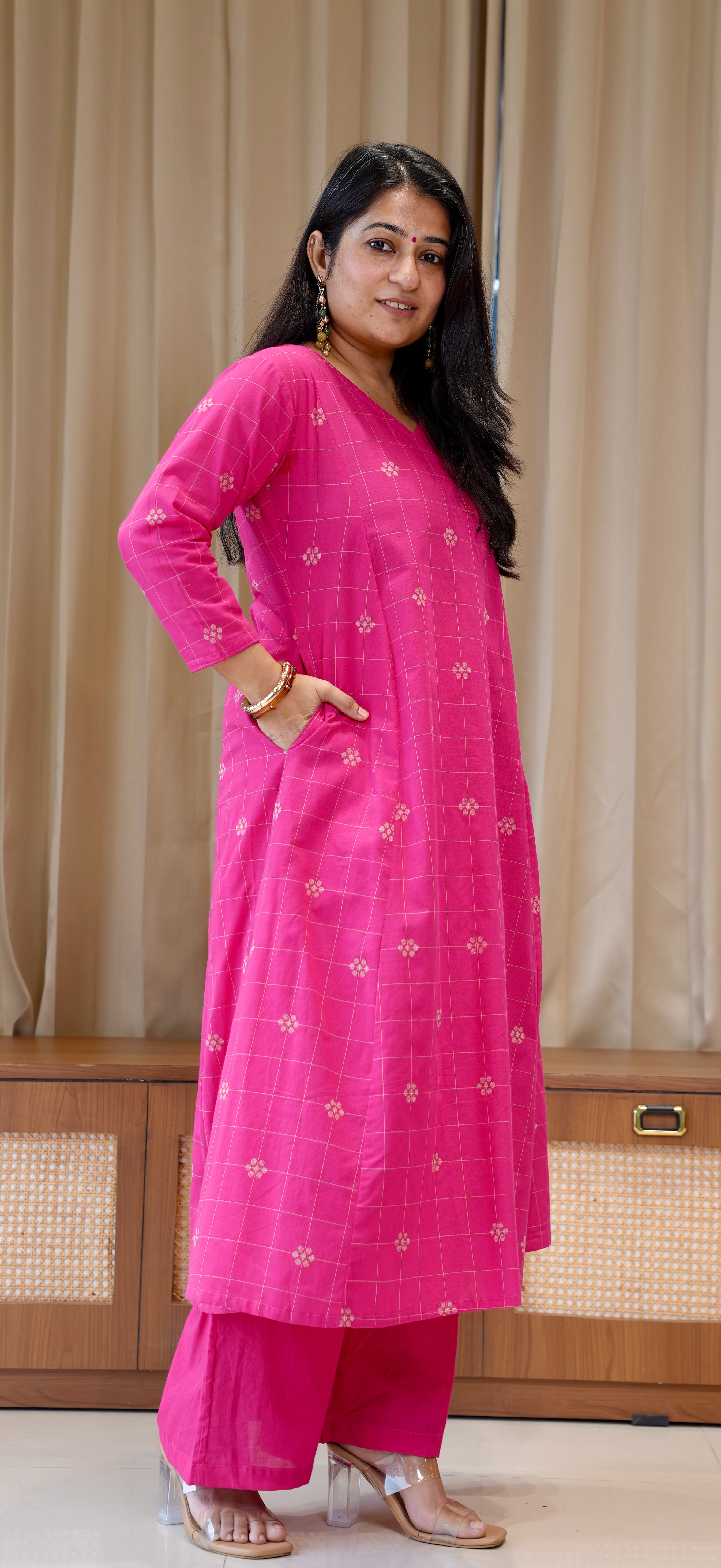 Aadhya Handwoven Cotton Kurta - Rani Pink