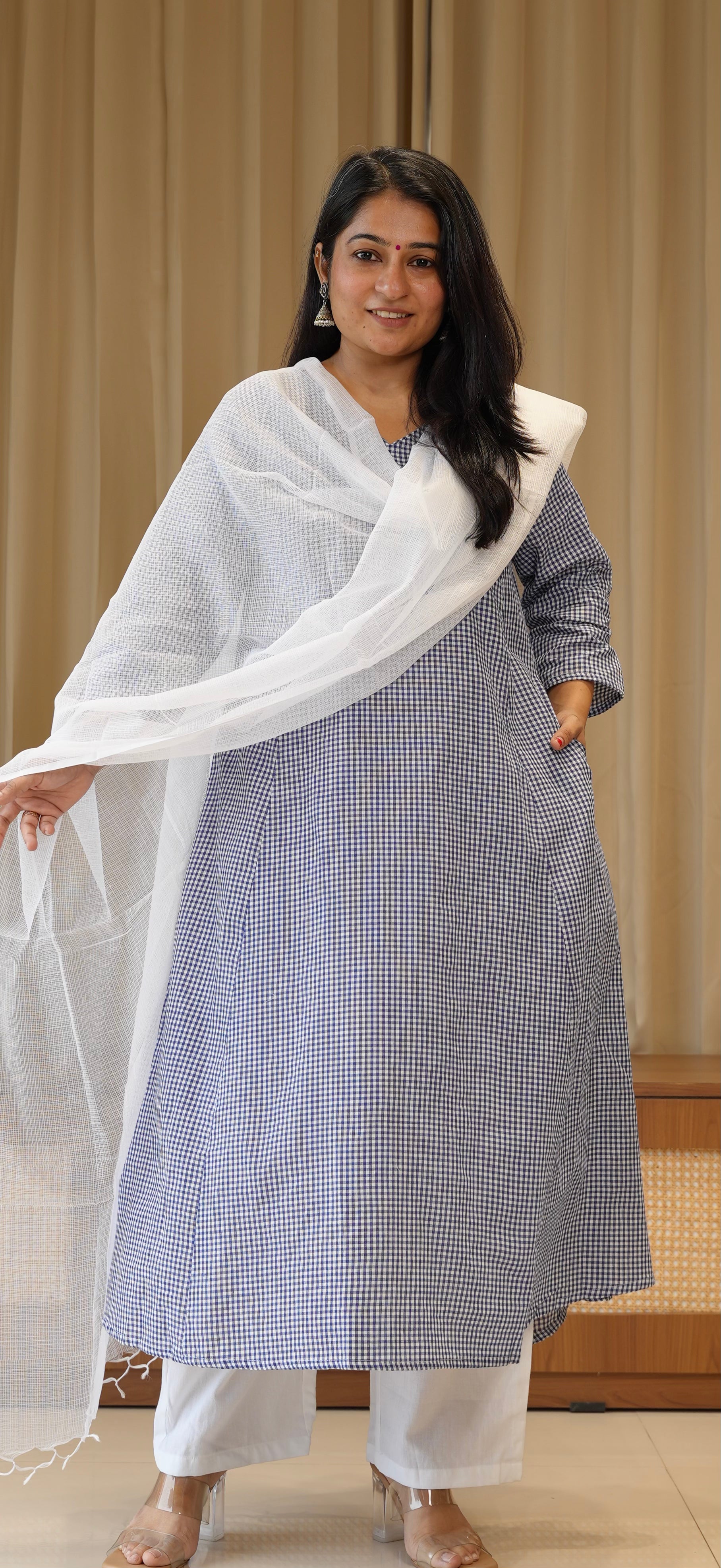 Blue Small Checks Handwoven Cotton Kurta