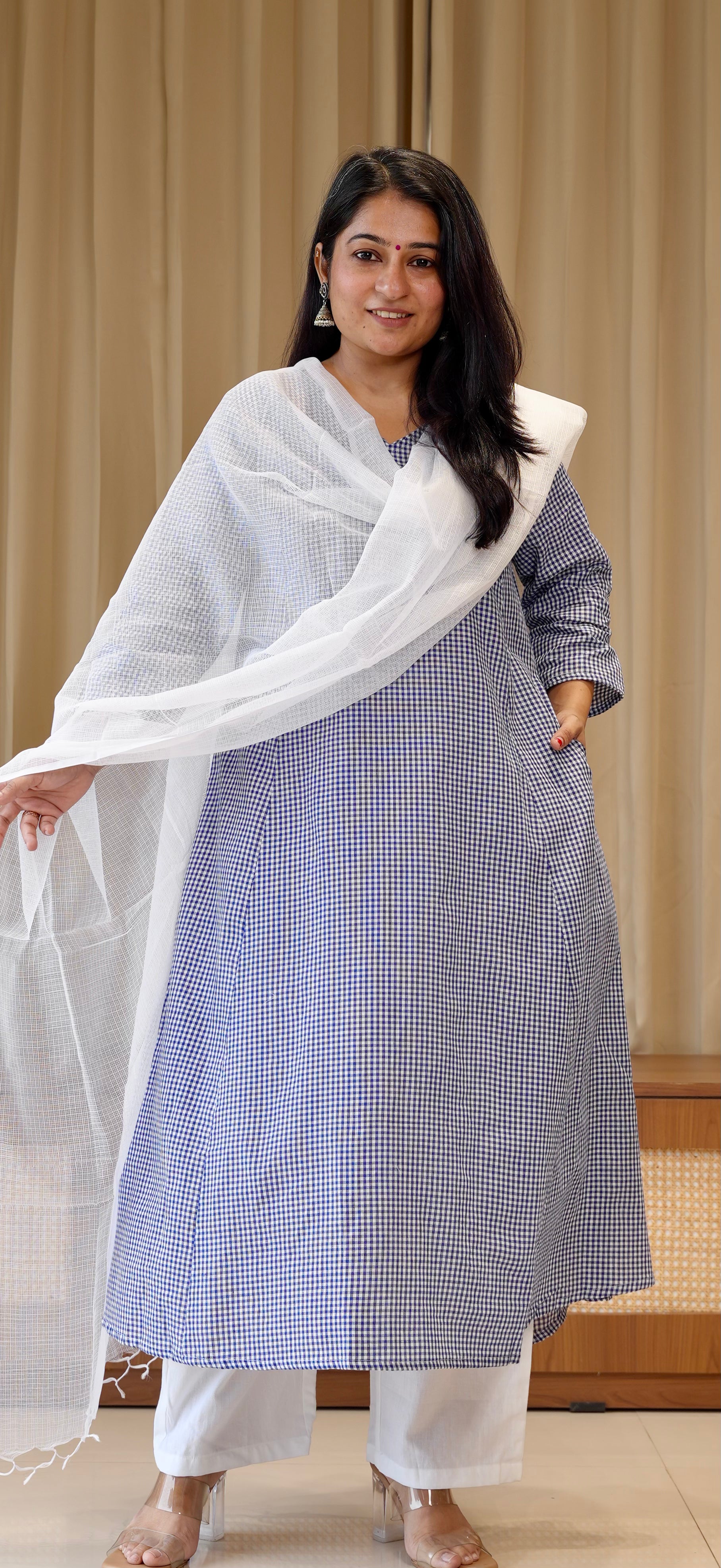 Blue Small Checks Handwoven Cotton Kurta