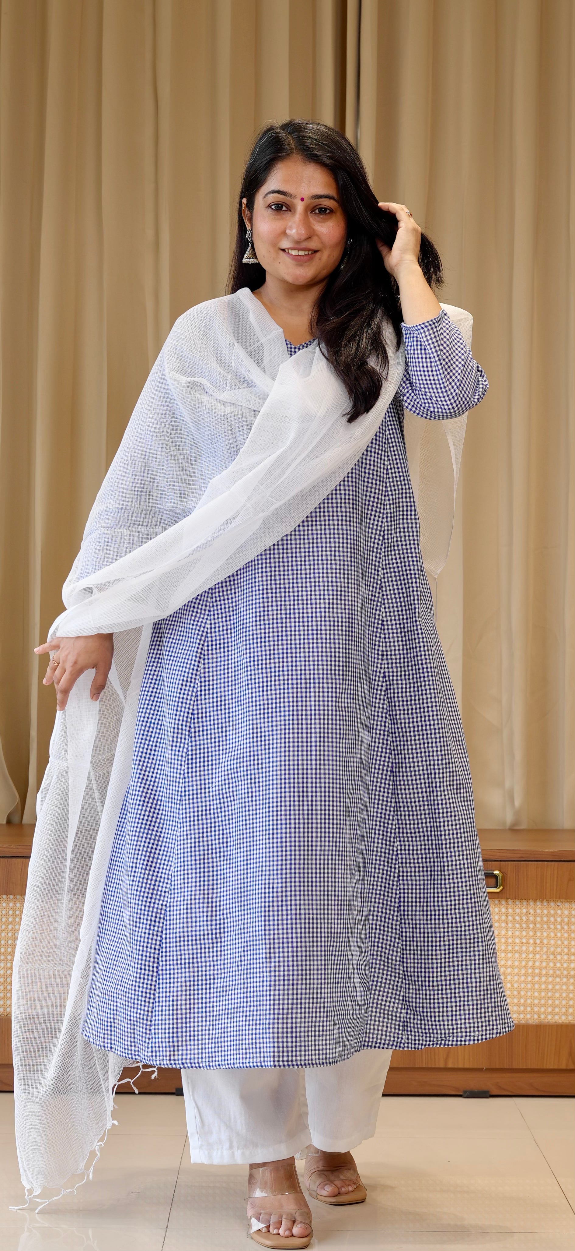 Blue Small Checks Handwoven Cotton Kurta
