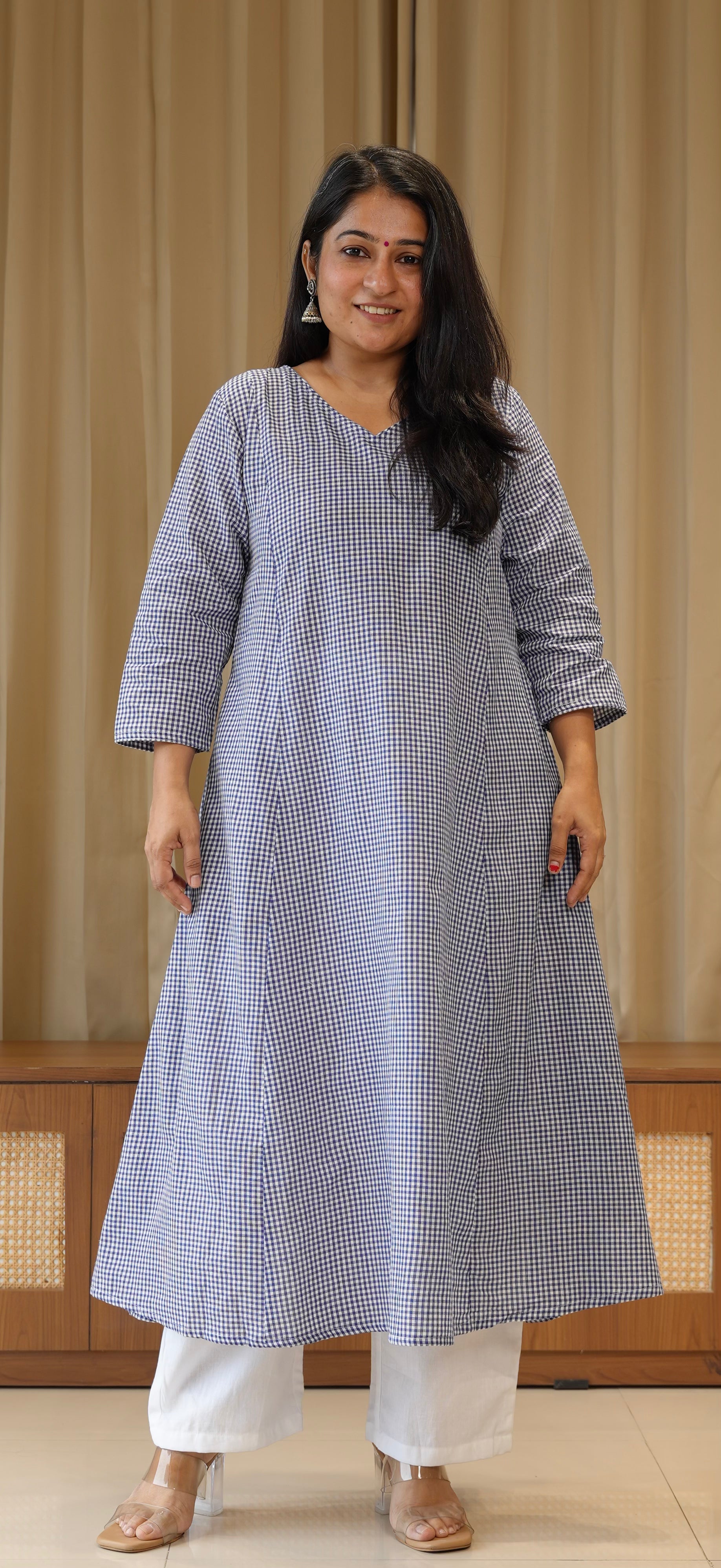 Blue Small Checks Handwoven Cotton Kurta