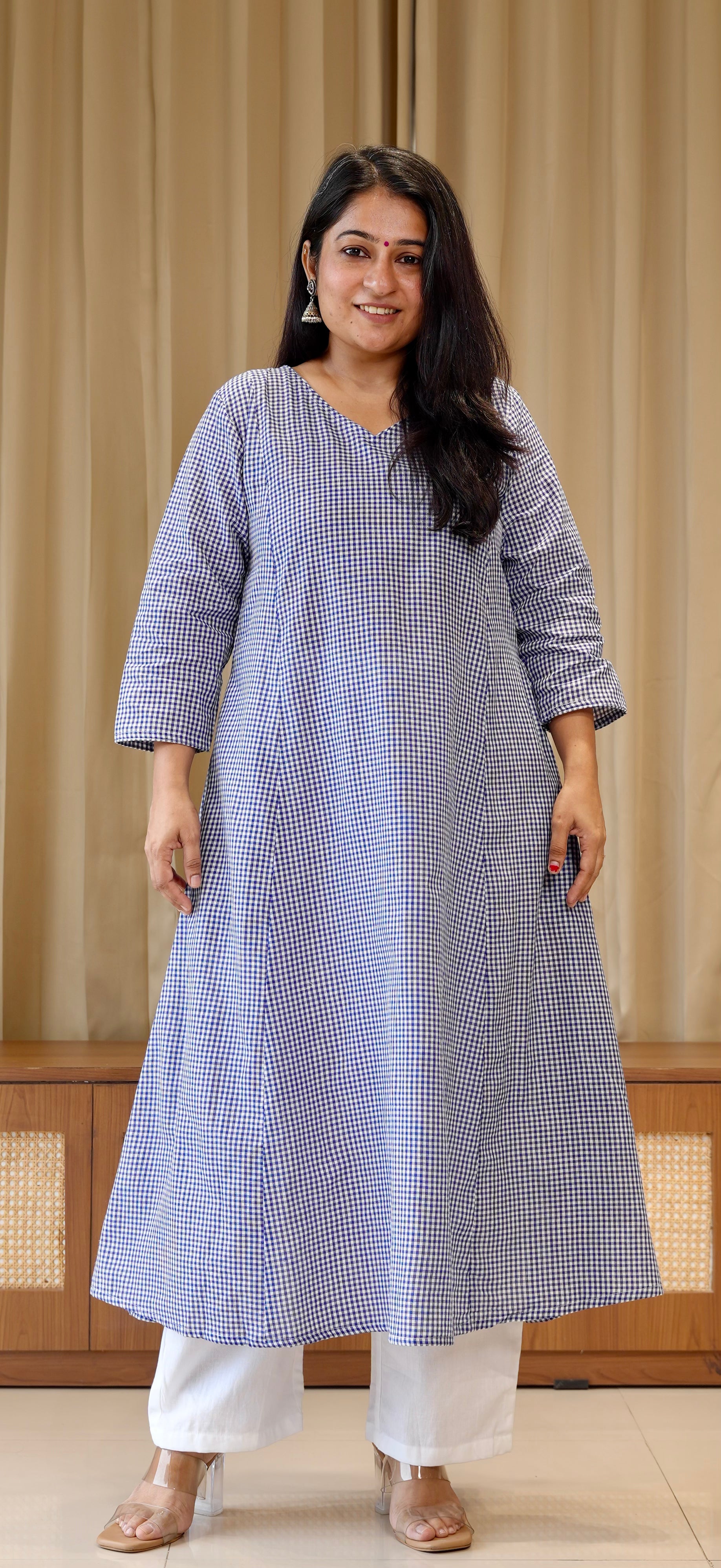 Blue Small Checks Handwoven Cotton Kurta