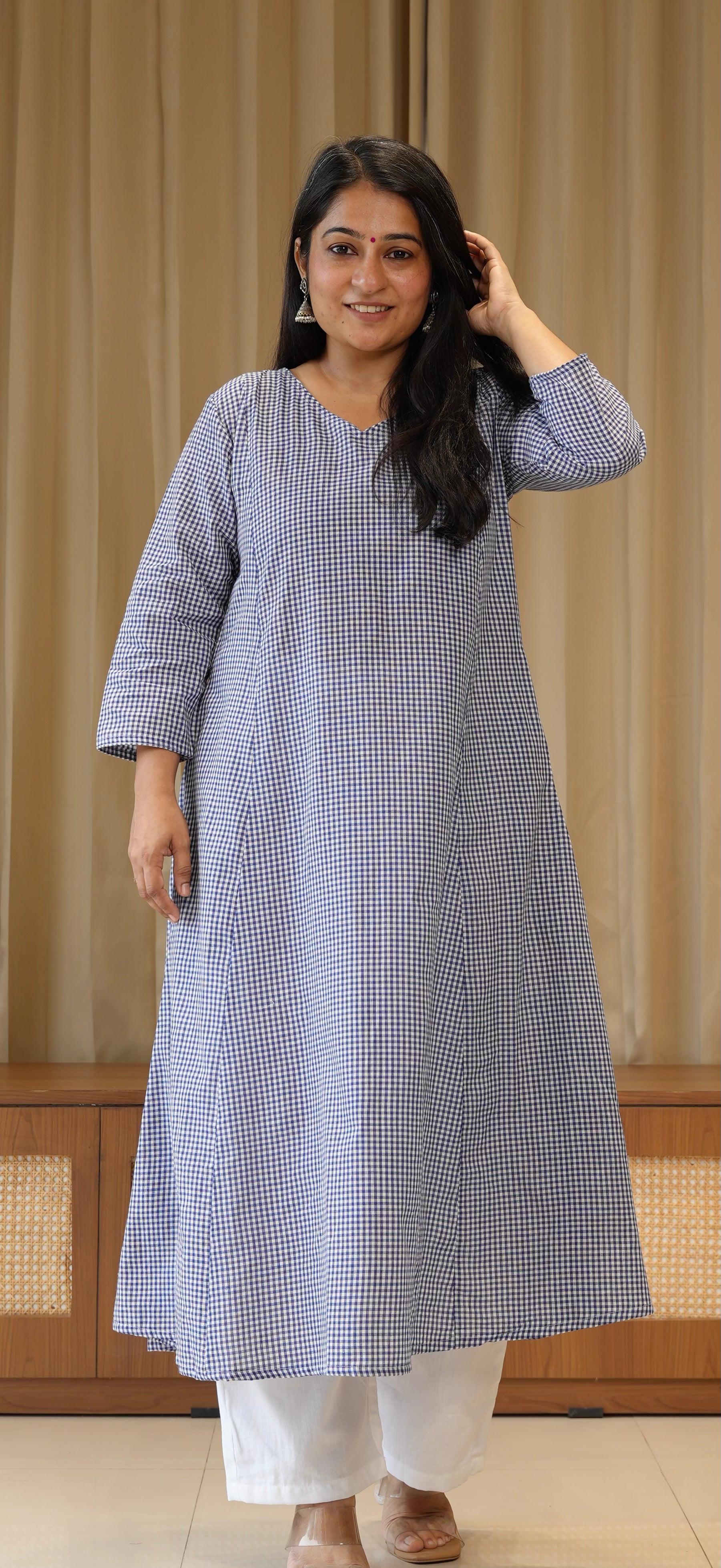 Blue Small Checks Handwoven Cotton Kurta