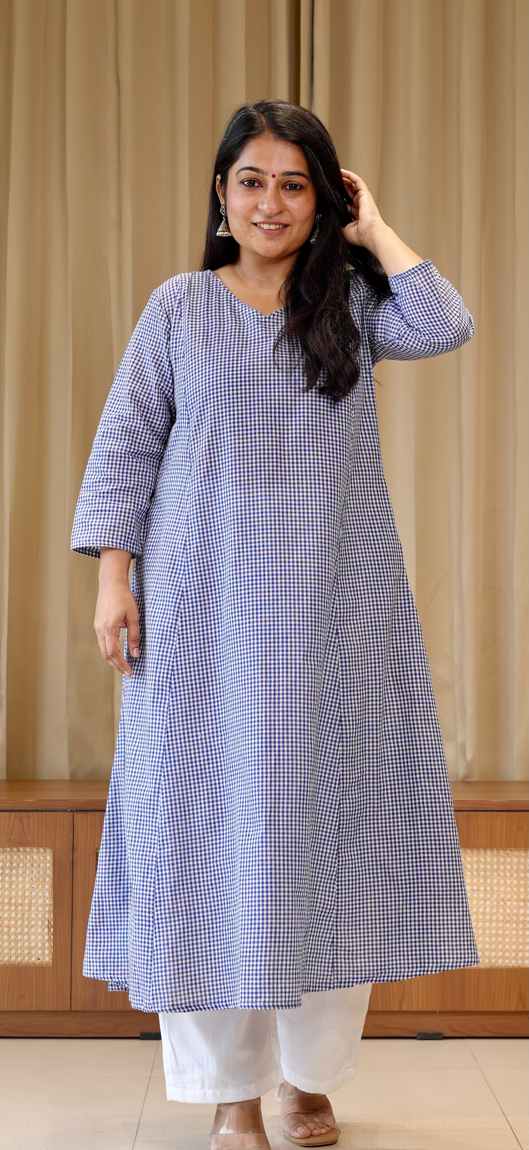 Blue Small Checks Handwoven Cotton Kurta