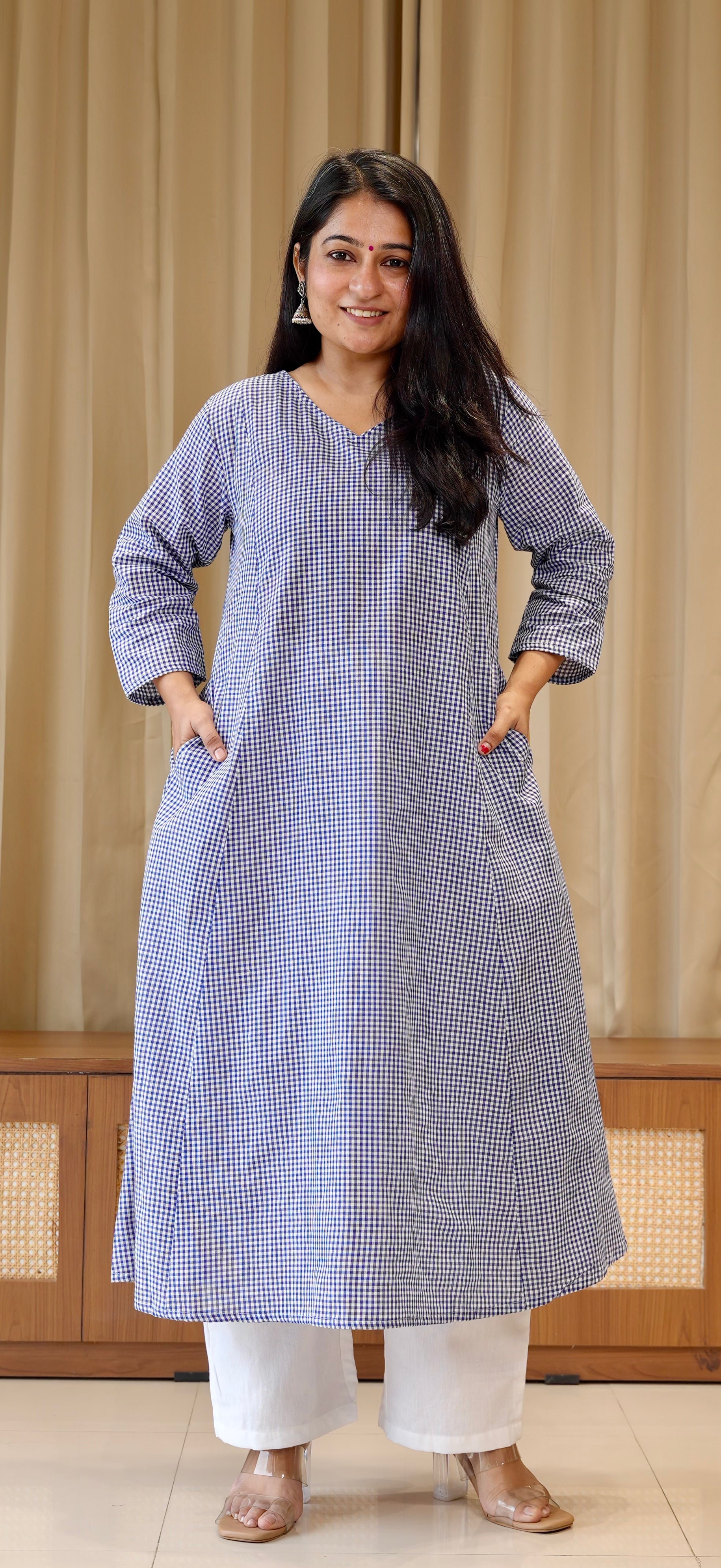 Blue Small Checks Handwoven Cotton Kurta
