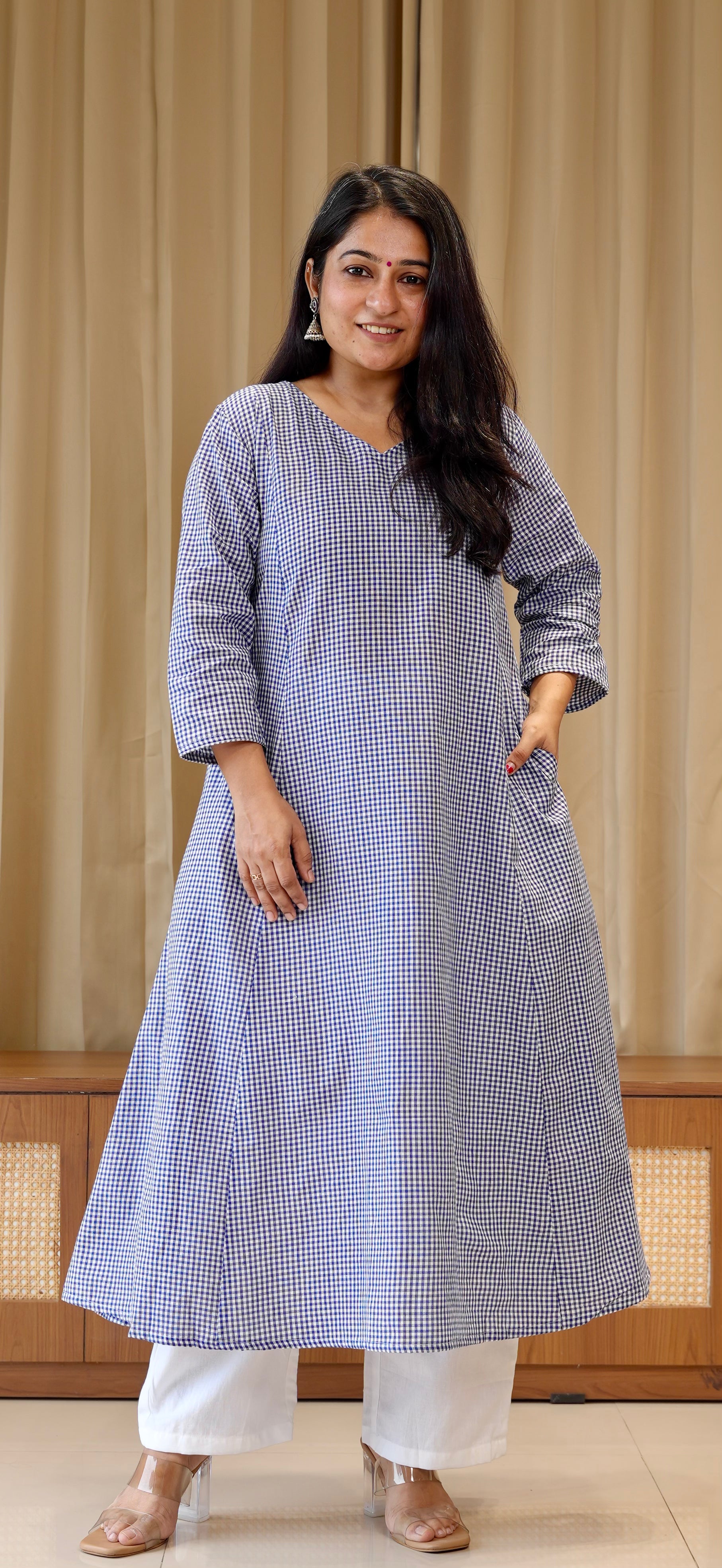 Blue Small Checks Handwoven Cotton Kurta