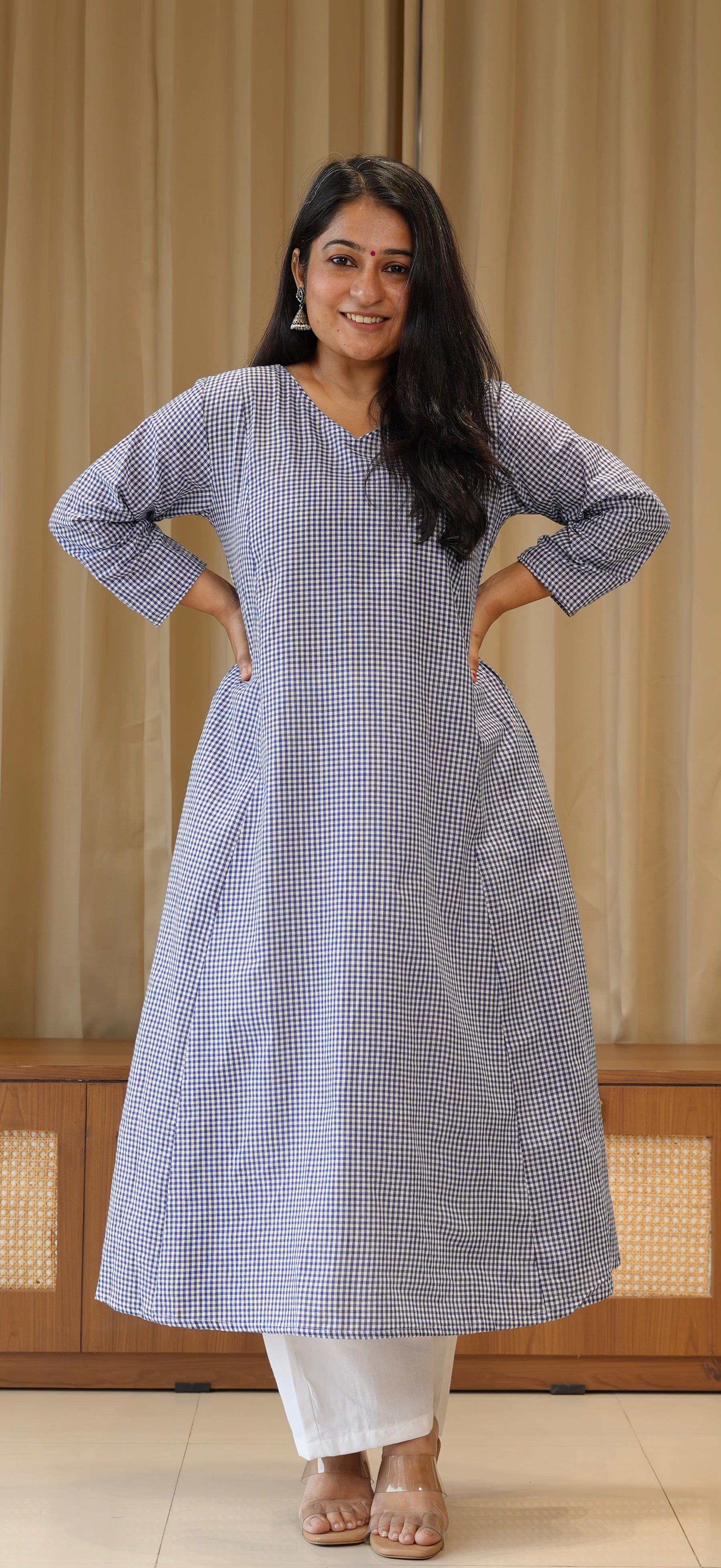 Blue Small Checks Handwoven Cotton Kurta