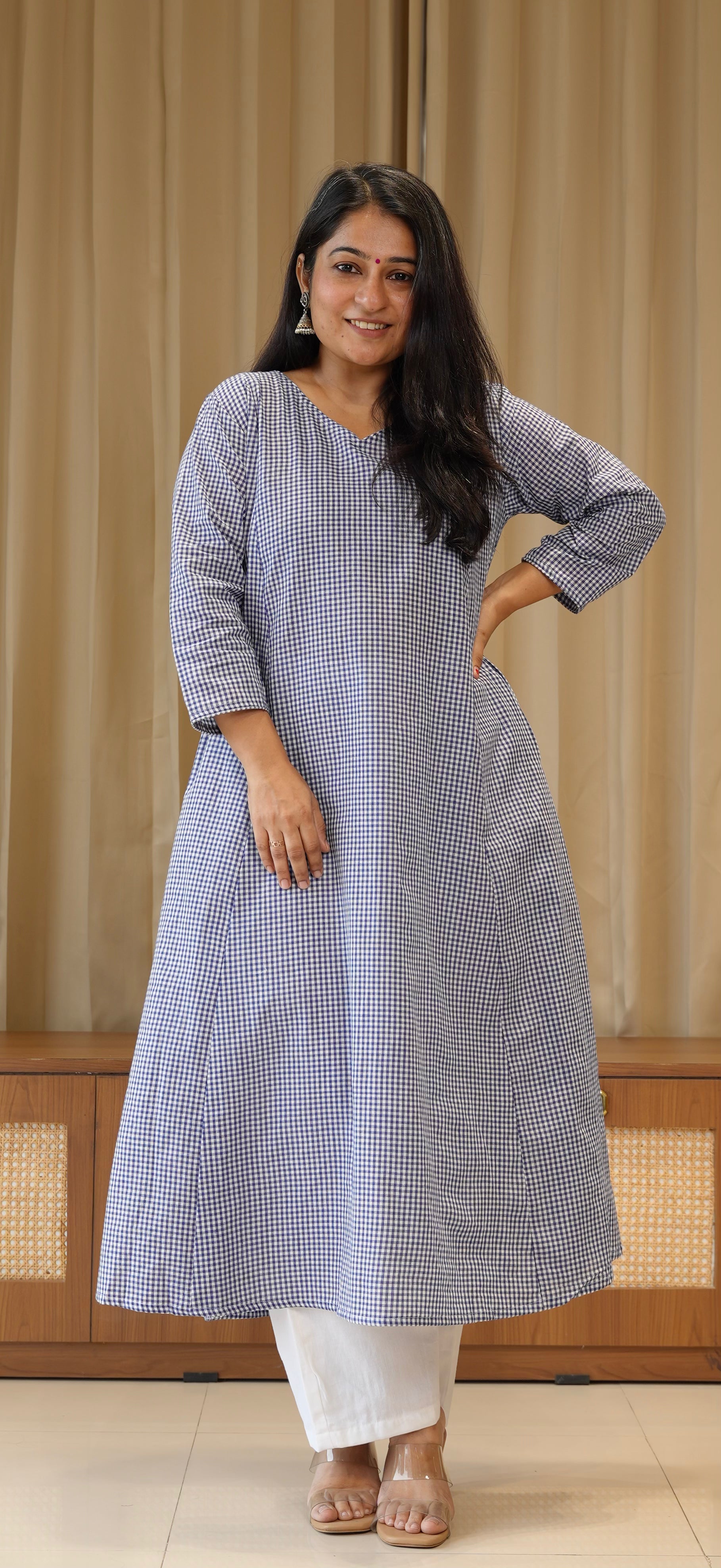 Blue Small Checks Handwoven Cotton Kurta