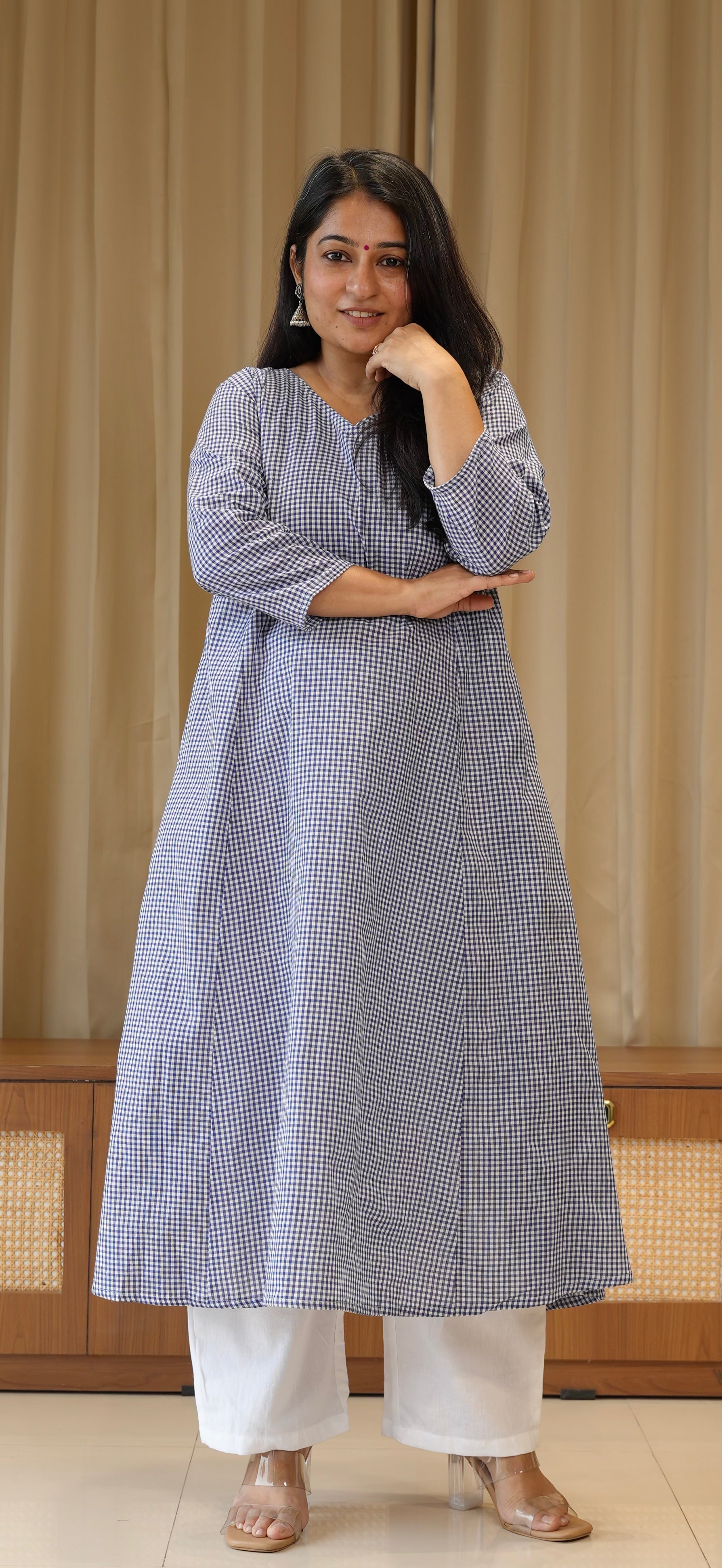 Blue Small Checks Handwoven Cotton Kurta
