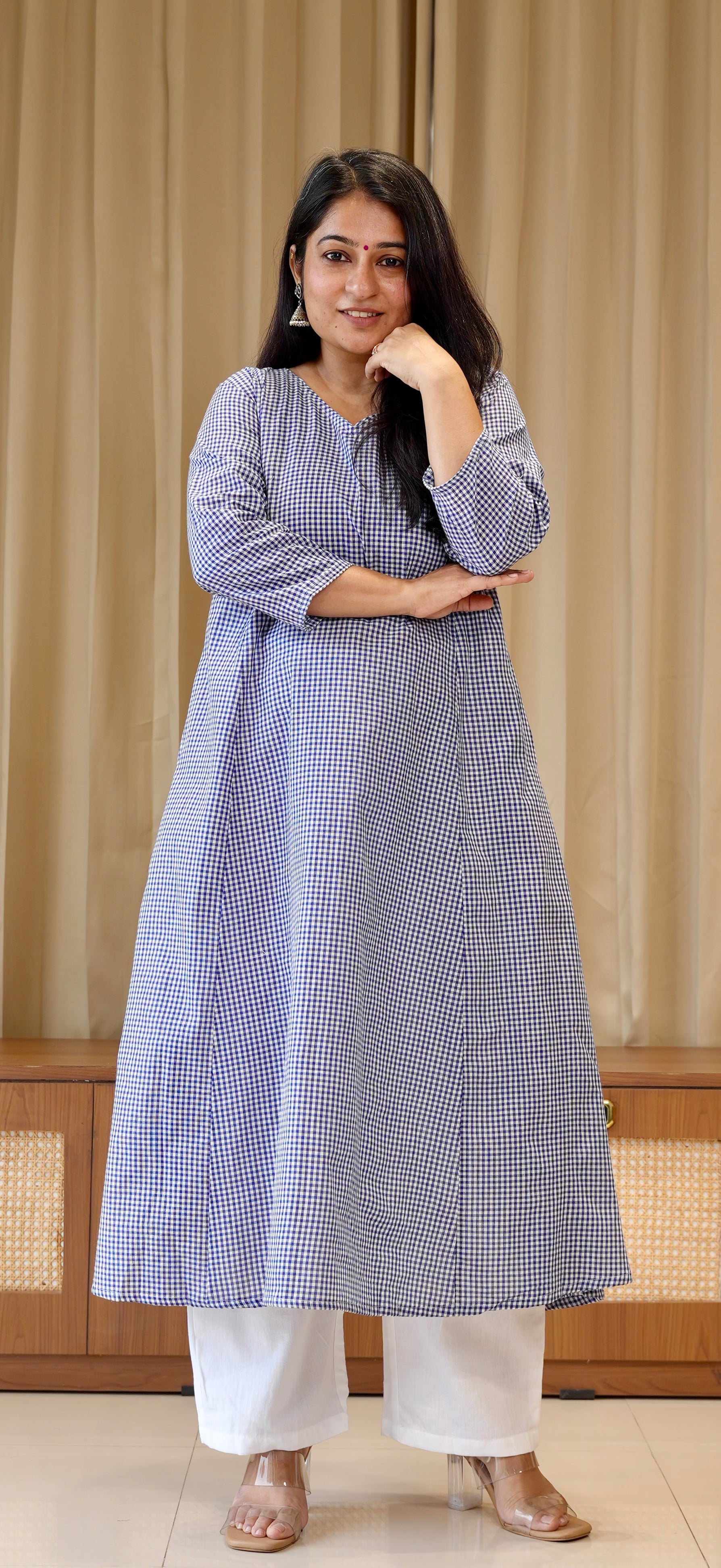 Blue Small Checks Handwoven Cotton Kurta