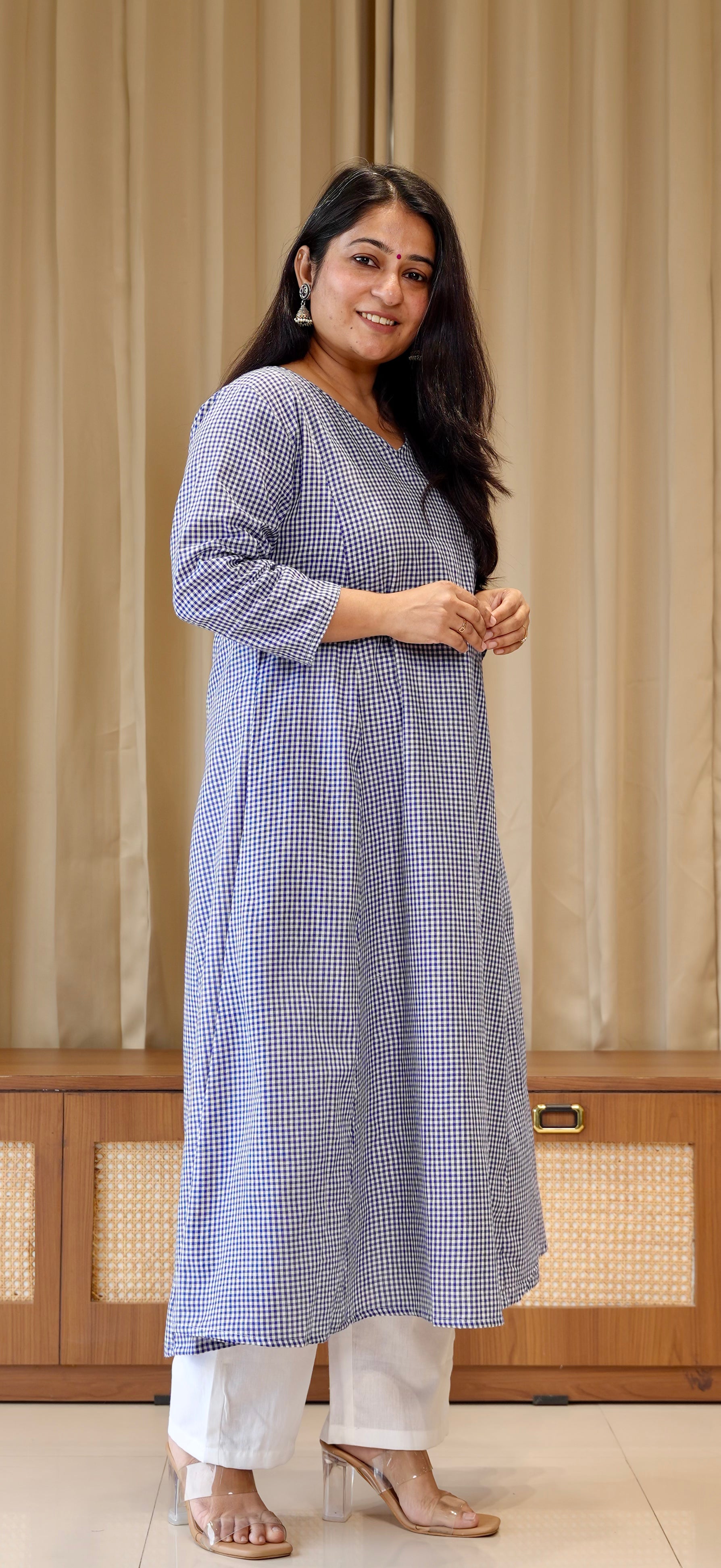 Blue Small Checks Handwoven Cotton Kurta
