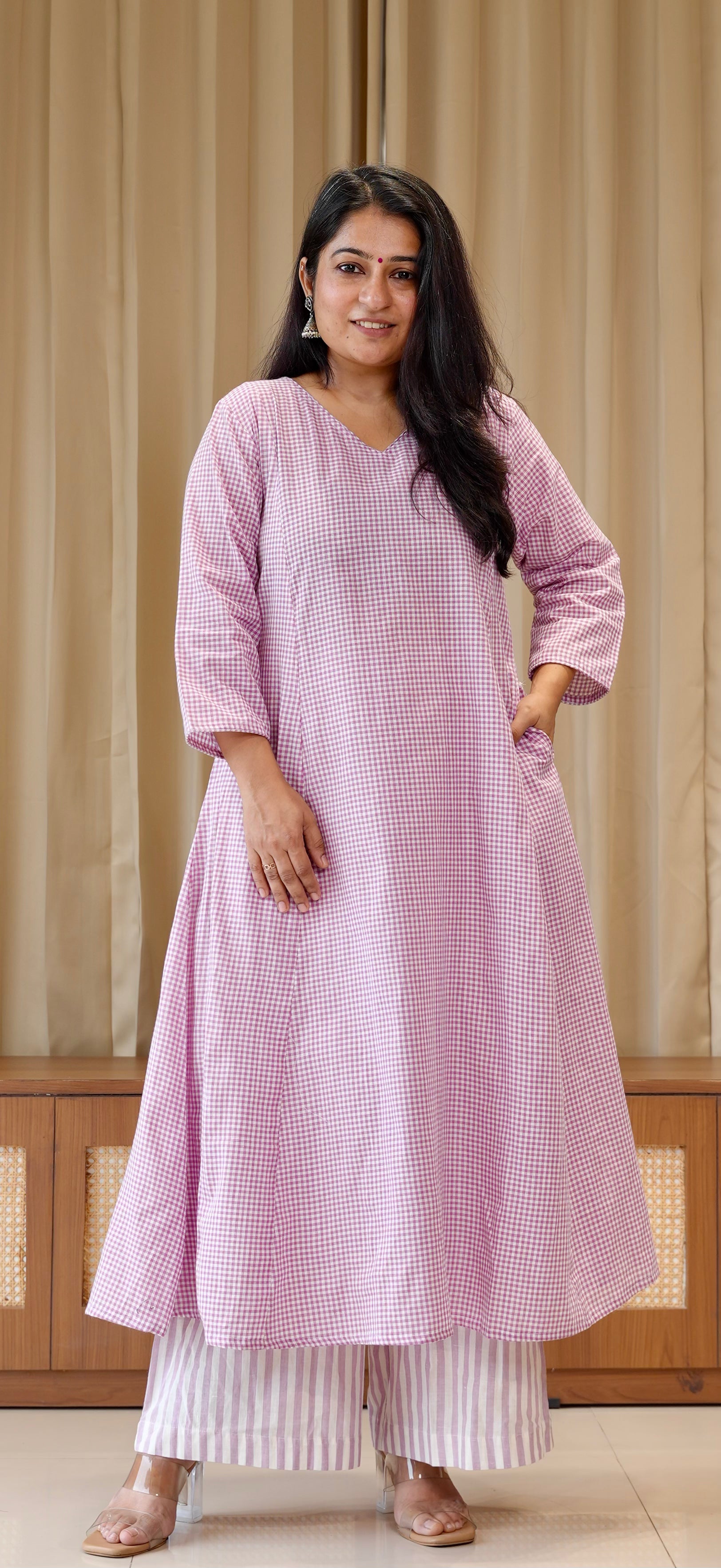 Lavender Small Checks+Stripes Handwoven Cotton Kurta