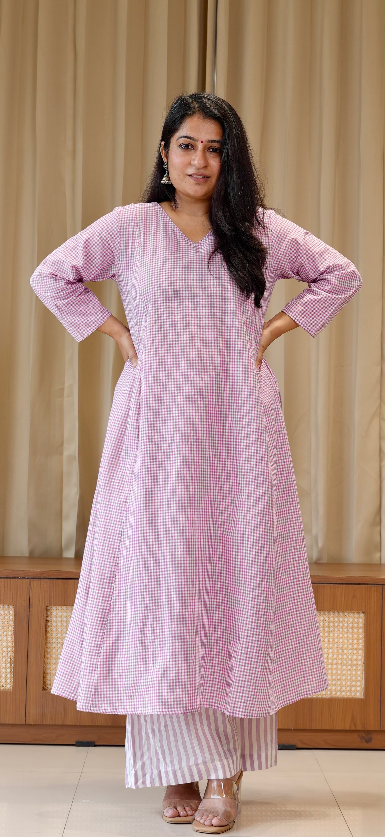 Lavender Small Checks+Stripes Handwoven Cotton Kurta