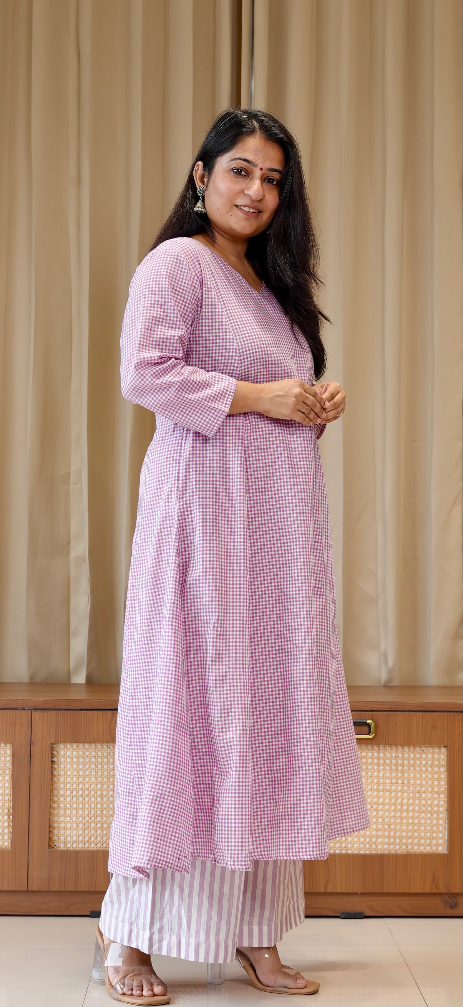 Lavender Small Checks+Stripes Handwoven Cotton Kurta