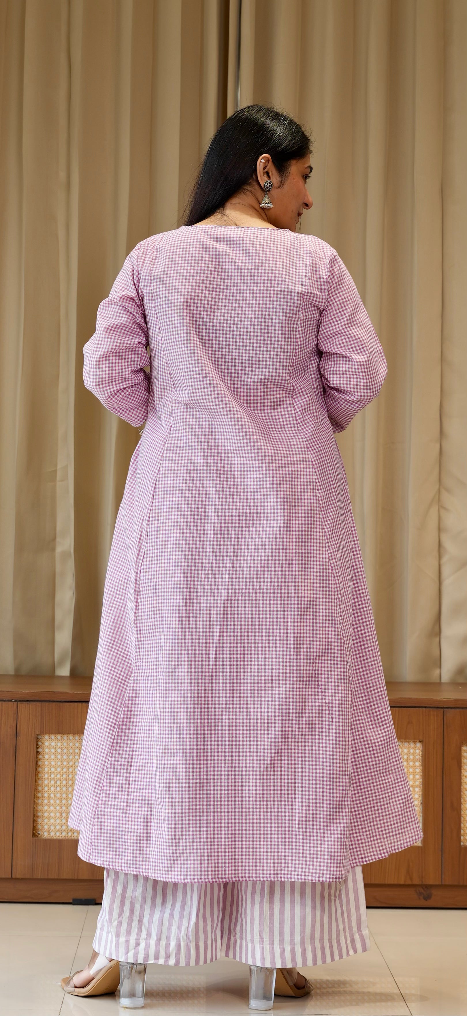 Lavender Small Checks+Stripes Handwoven Cotton Kurta