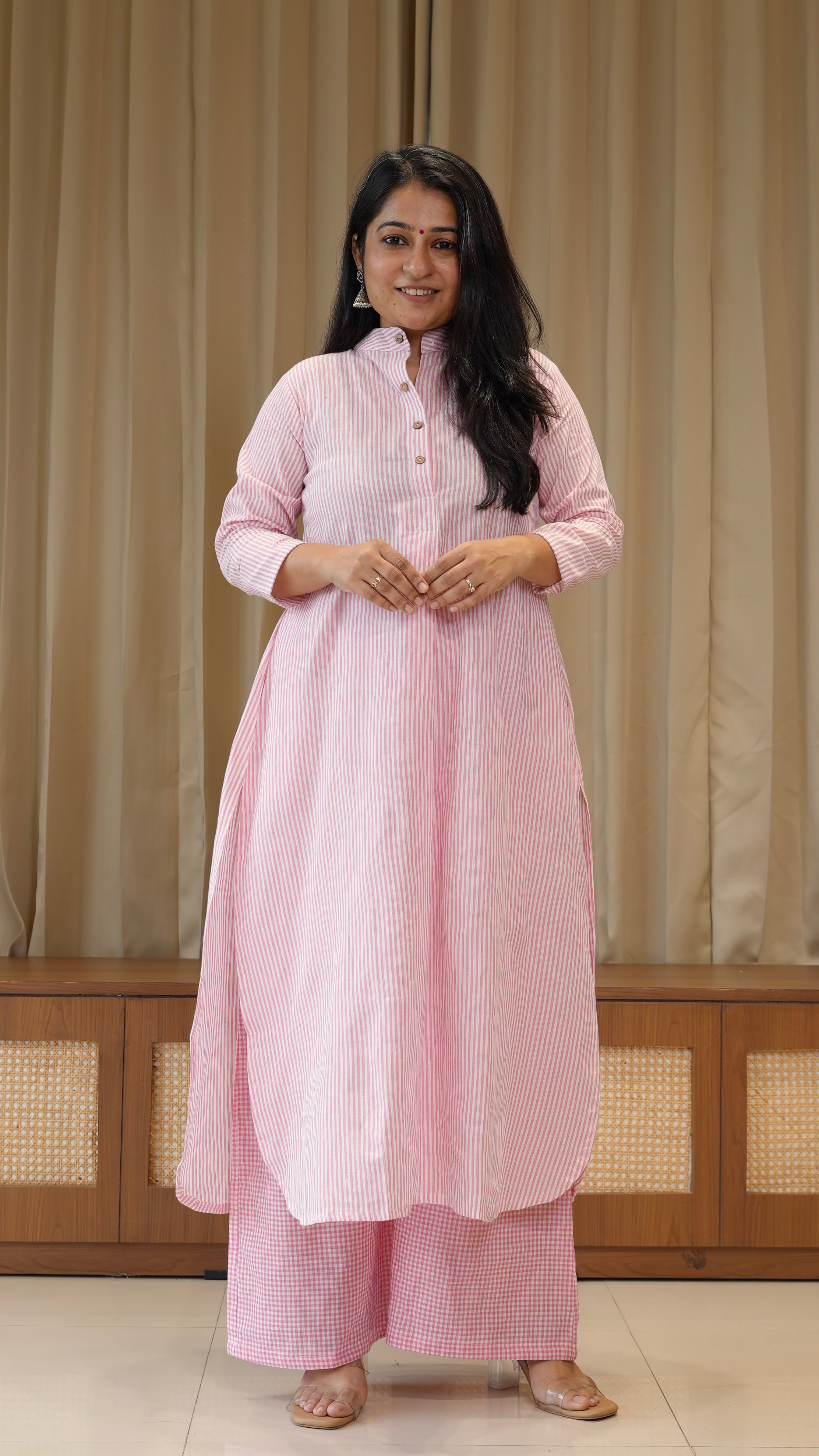 Light Pink Small Checks+Stripes Handwoven Cotton Kurta