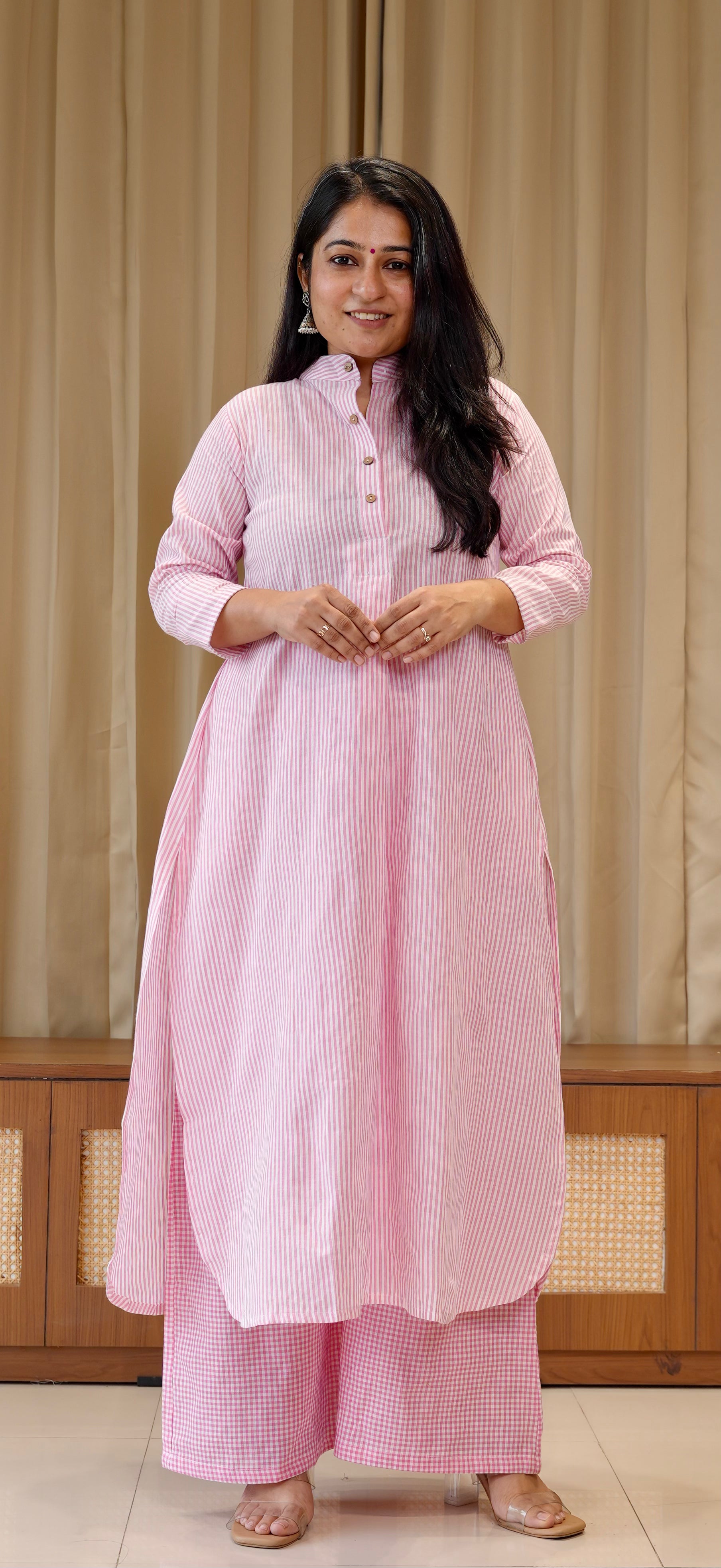 Light Pink Small Checks+Stripes Handwoven Cotton Kurta