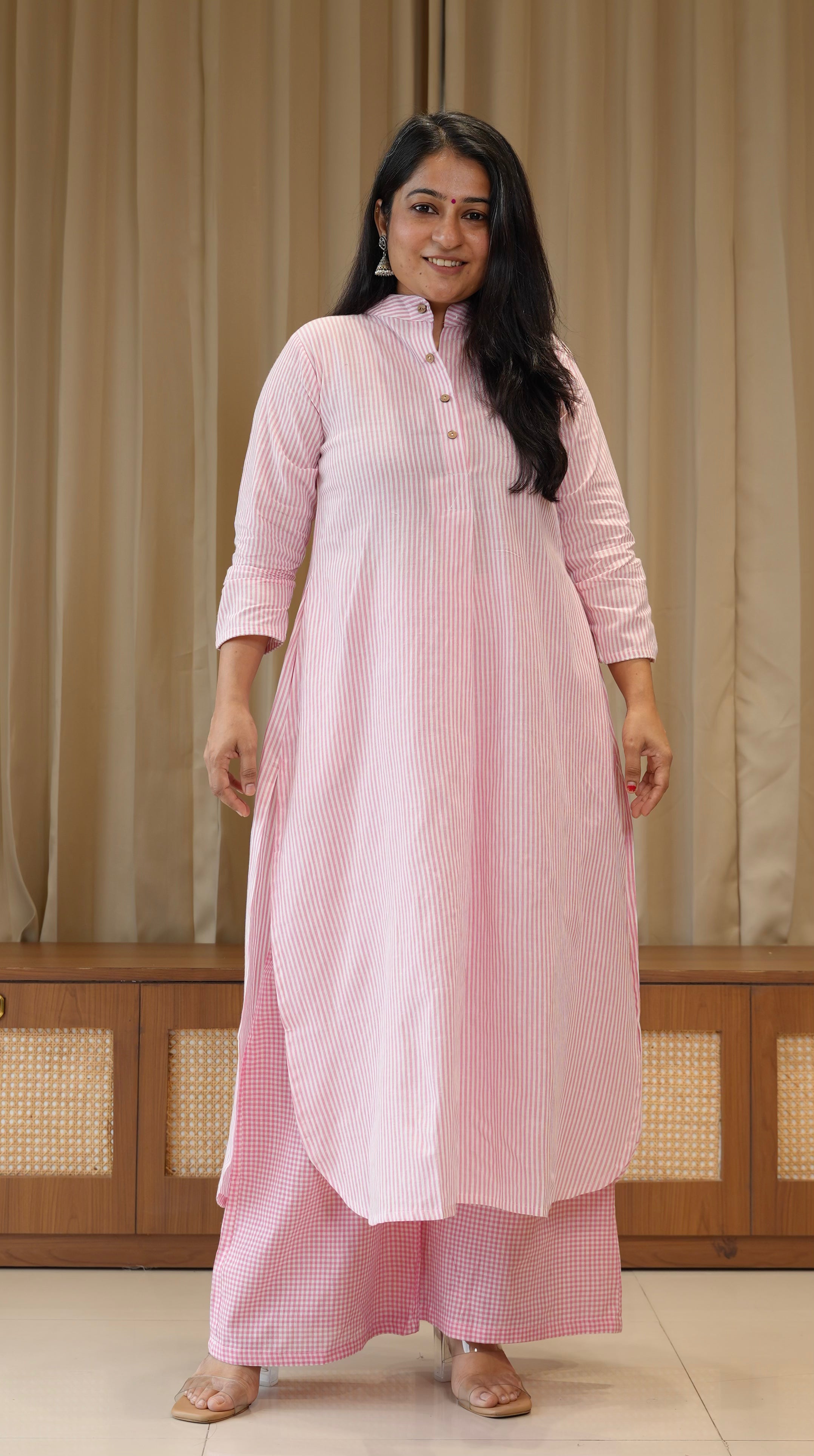 Light Pink Small Checks+Stripes Handwoven Cotton Kurta