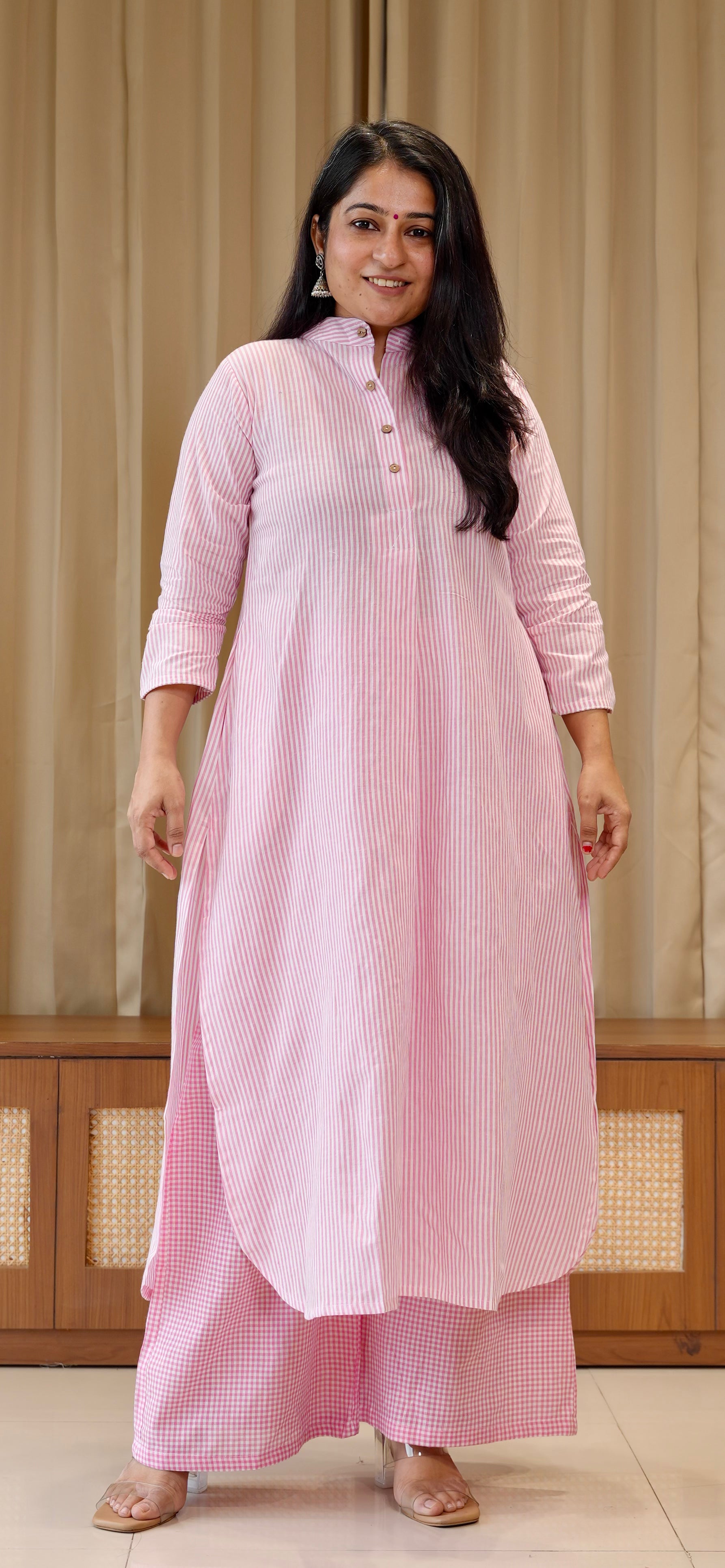 Light Pink Small Checks+Stripes Handwoven Cotton Kurta