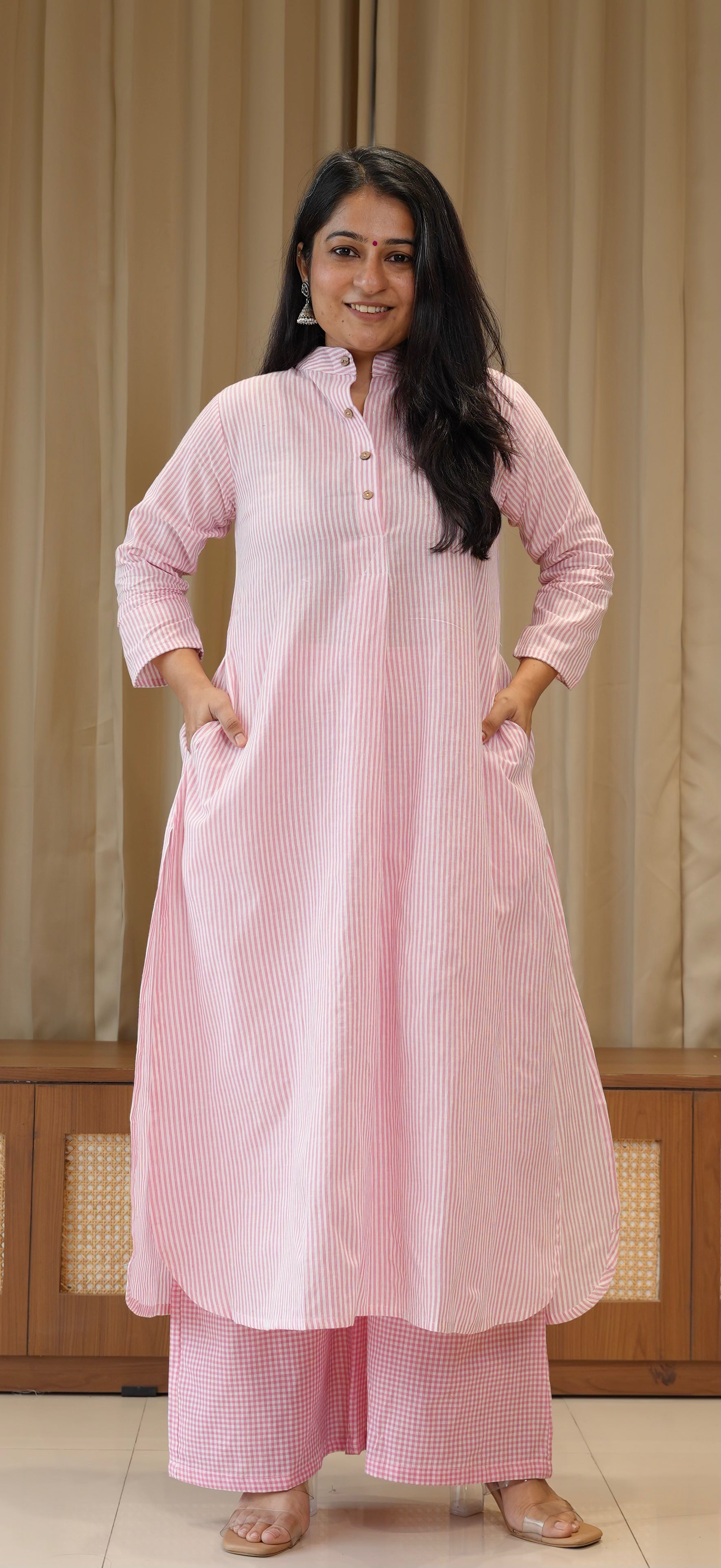 Light Pink Small Checks+Stripes Handwoven Cotton Kurta