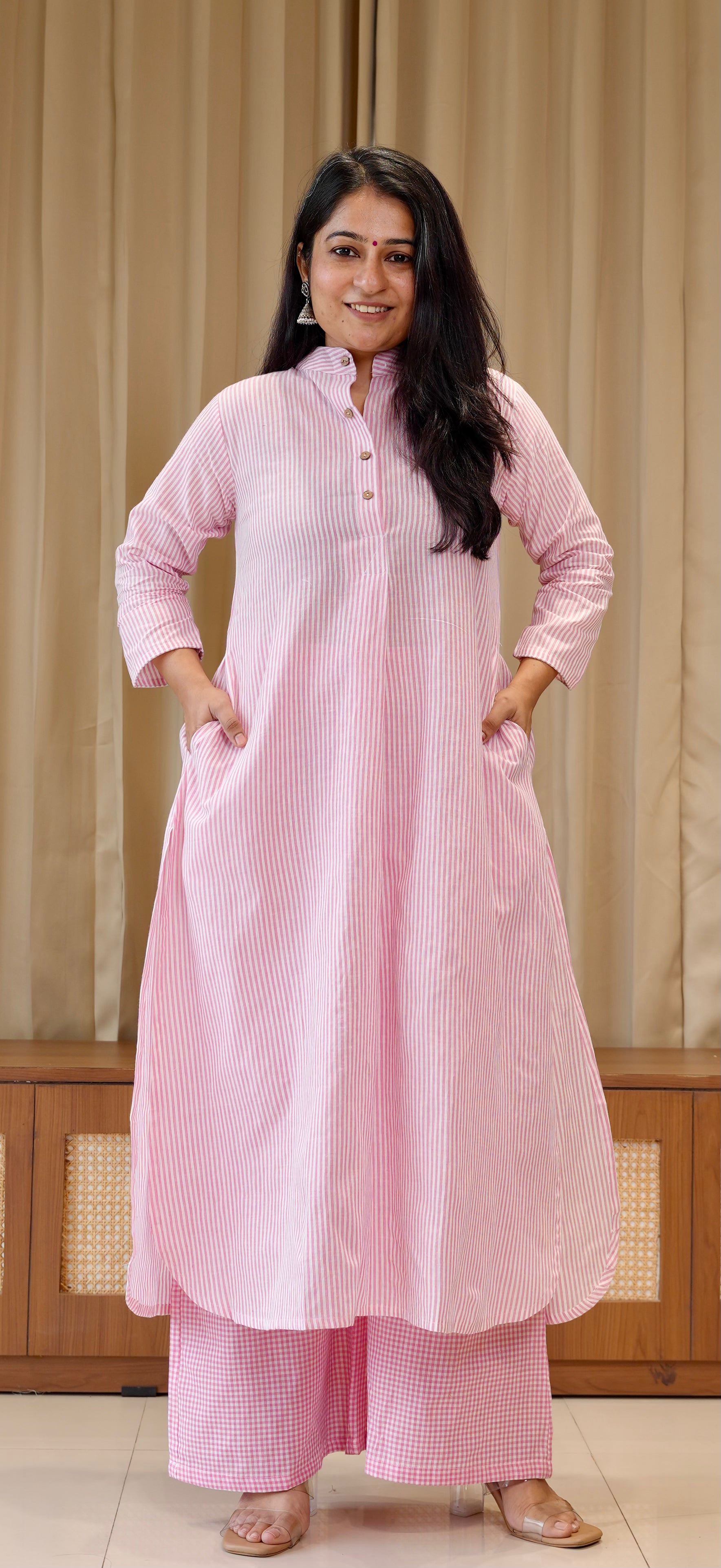 Light Pink Small Checks+Stripes Handwoven Cotton Kurta