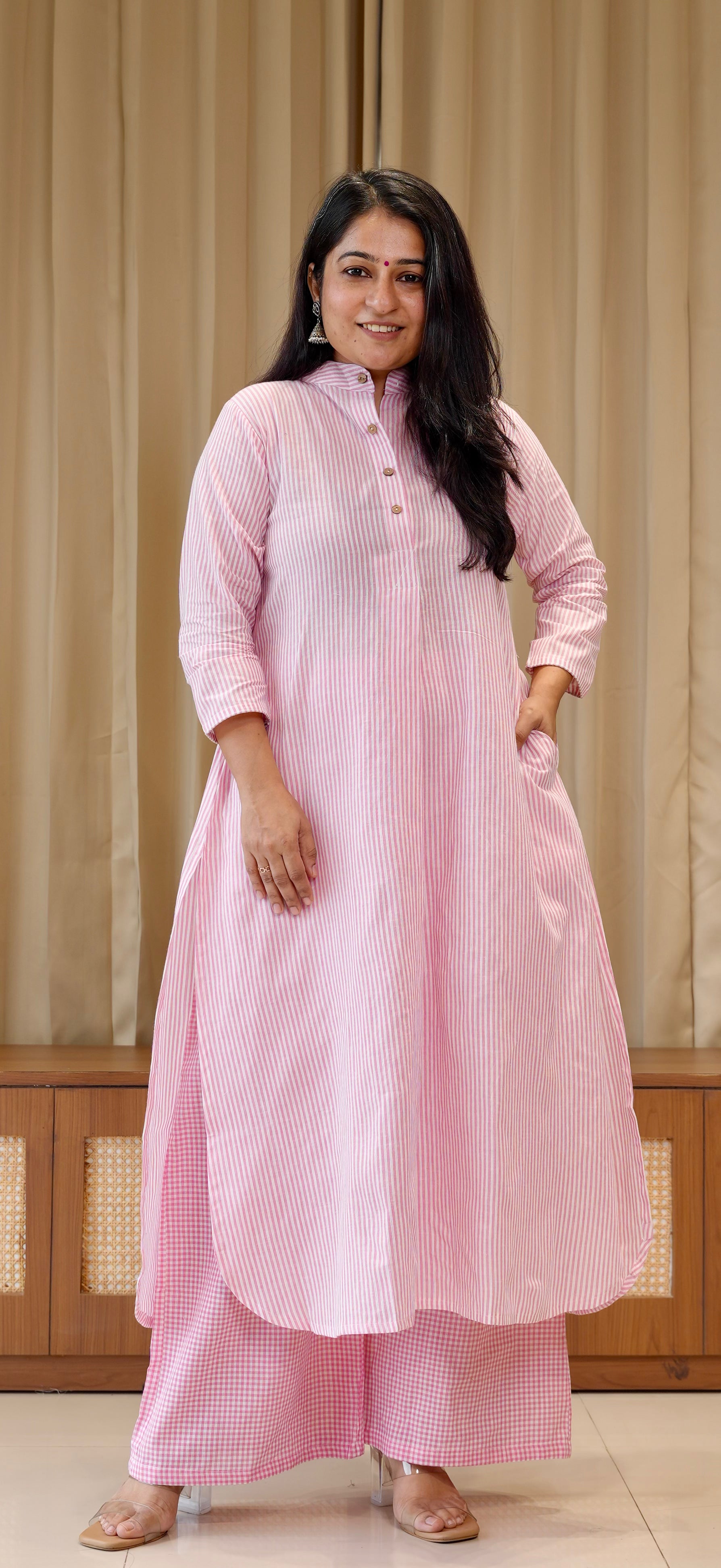 Light Pink Small Checks+Stripes Handwoven Cotton Kurta