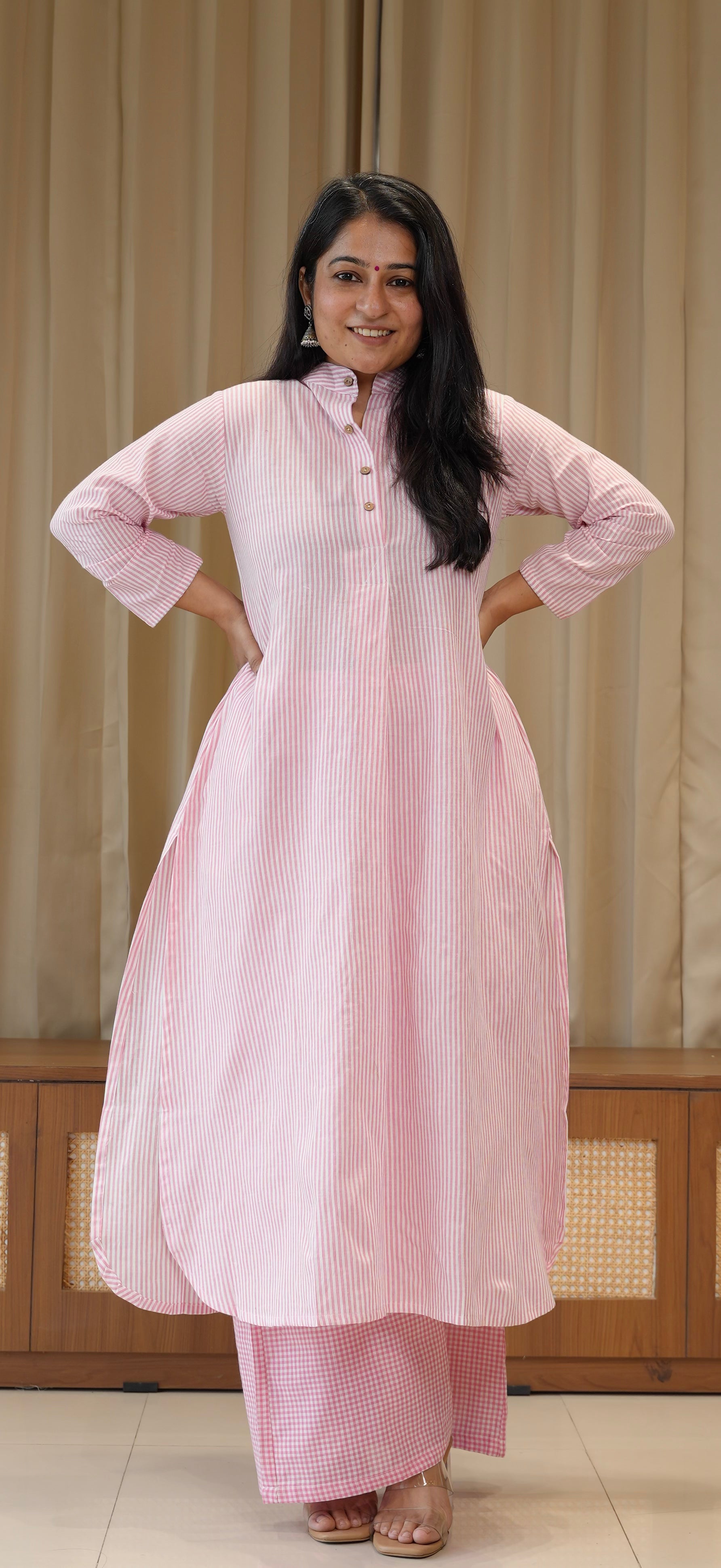 Light Pink Small Checks+Stripes Handwoven Cotton Kurta