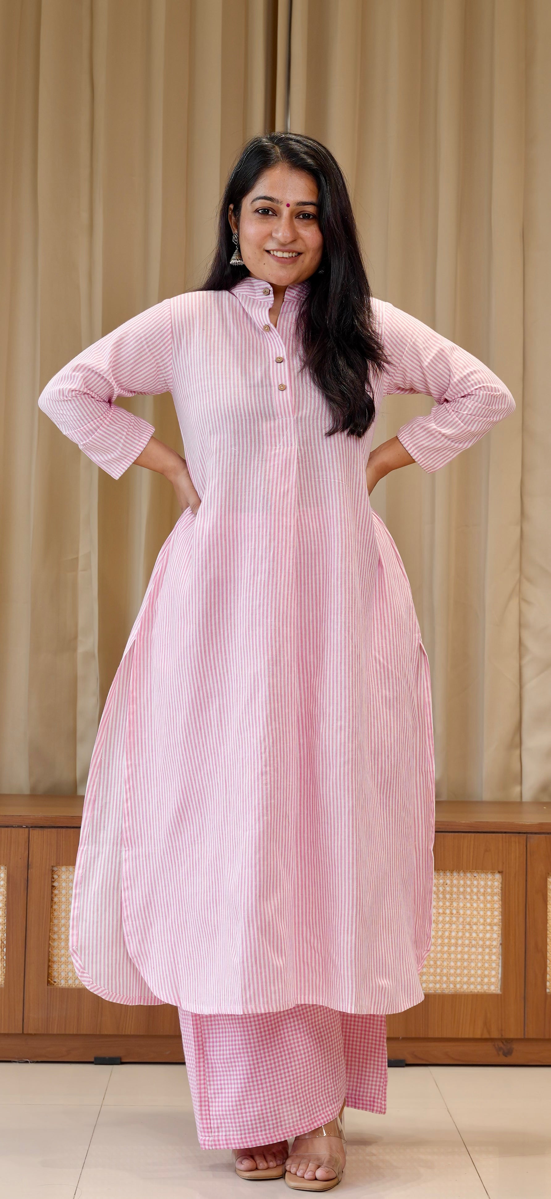 Light Pink Small Checks+Stripes Handwoven Cotton Kurta