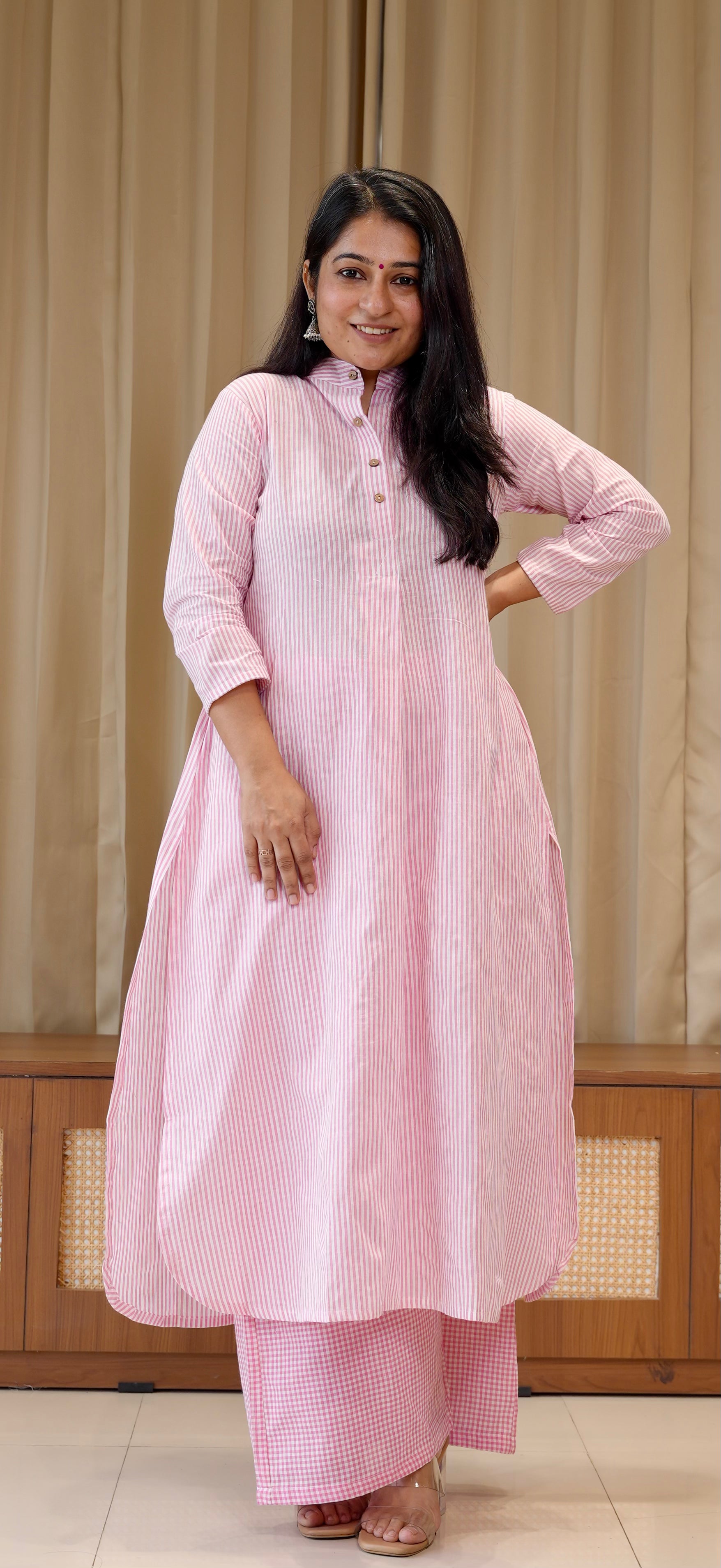 Light Pink Small Checks+Stripes Handwoven Cotton Kurta