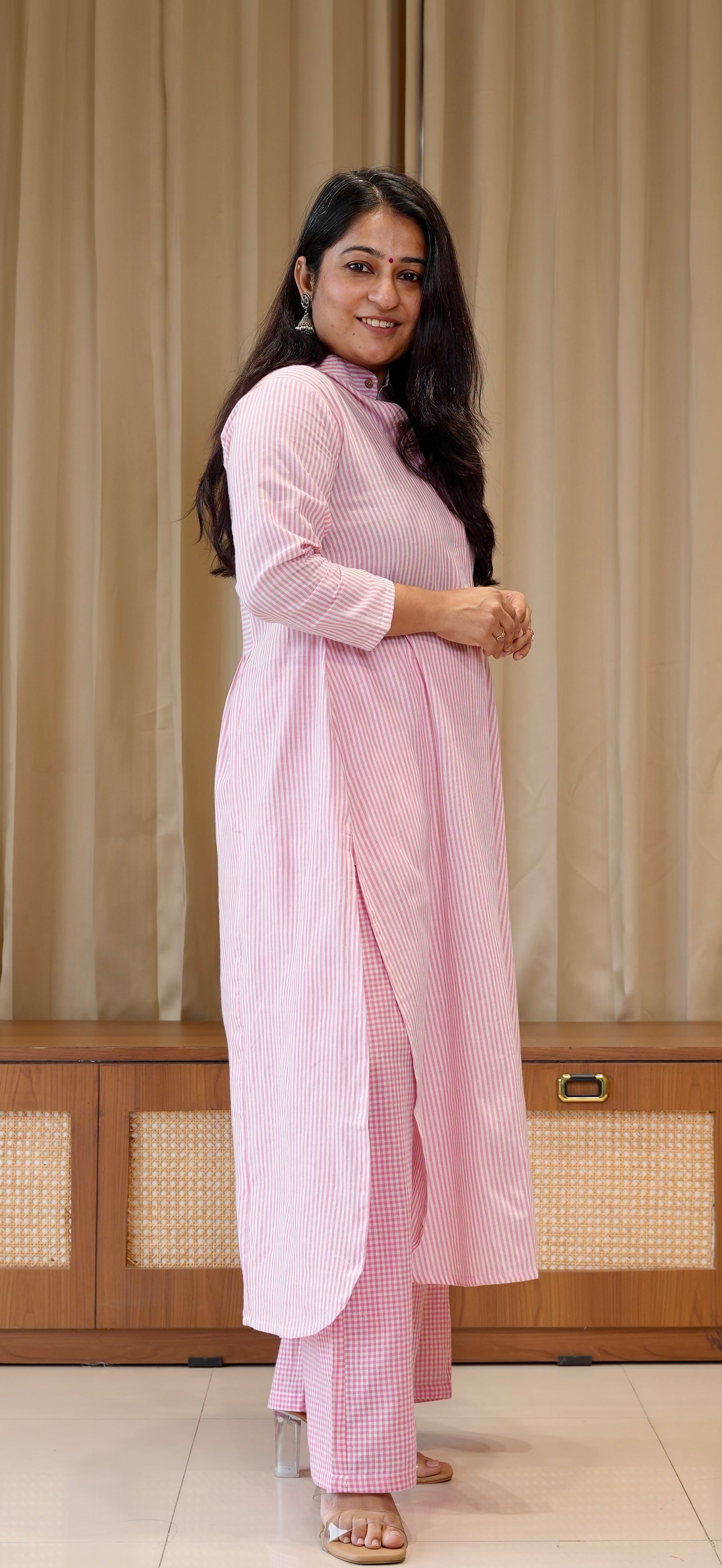 Light Pink Small Checks+Stripes Handwoven Cotton Kurta