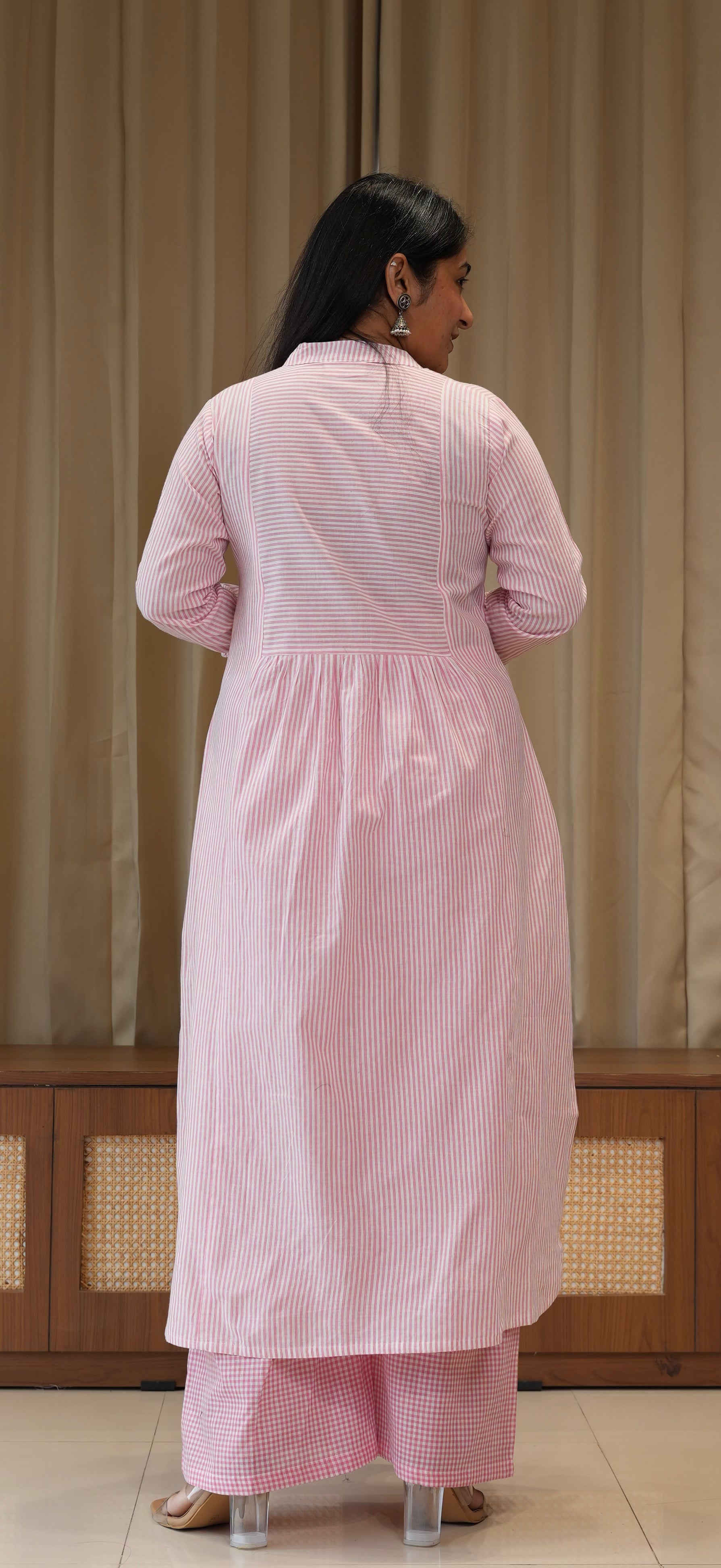 Light Pink Small Checks+Stripes Handwoven Cotton Kurta