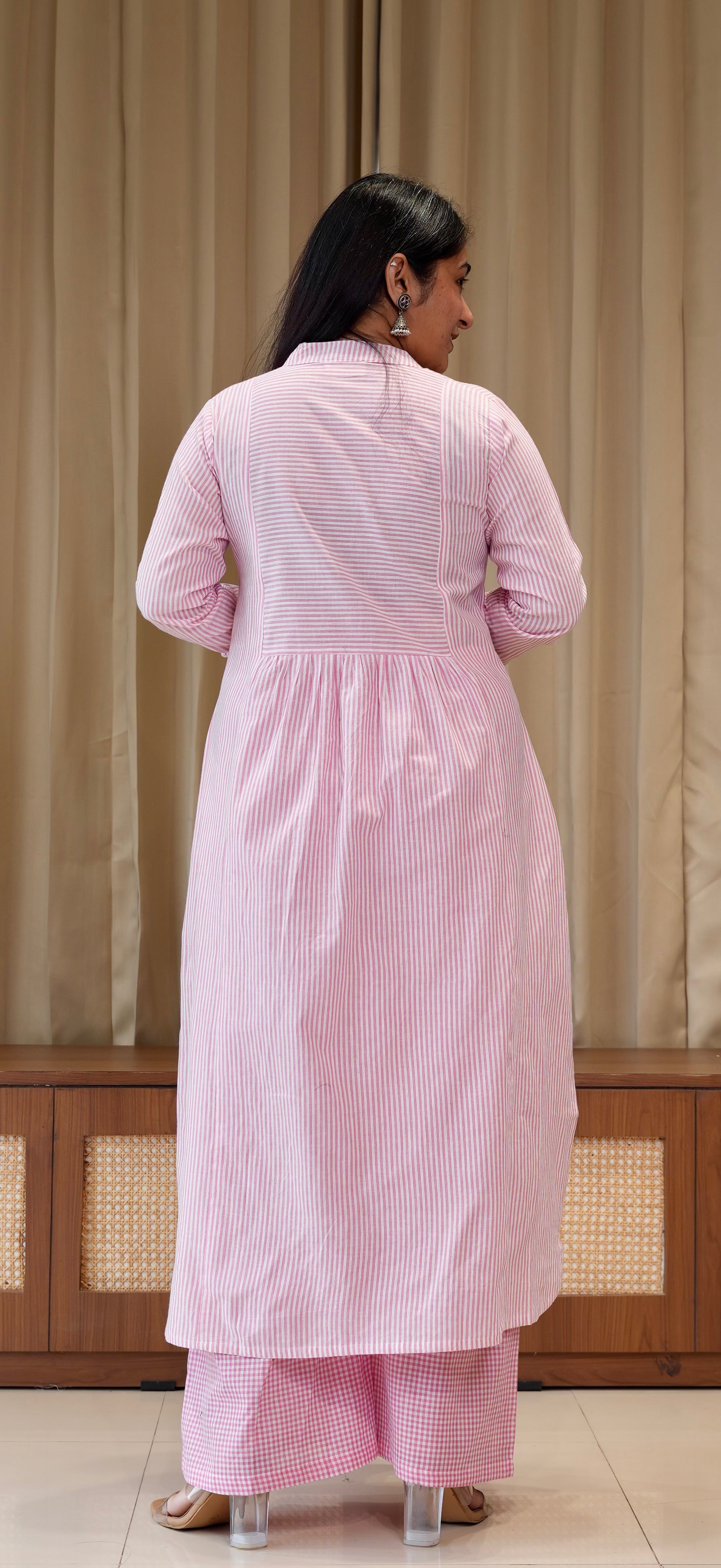Light Pink Small Checks+Stripes Handwoven Cotton Kurta