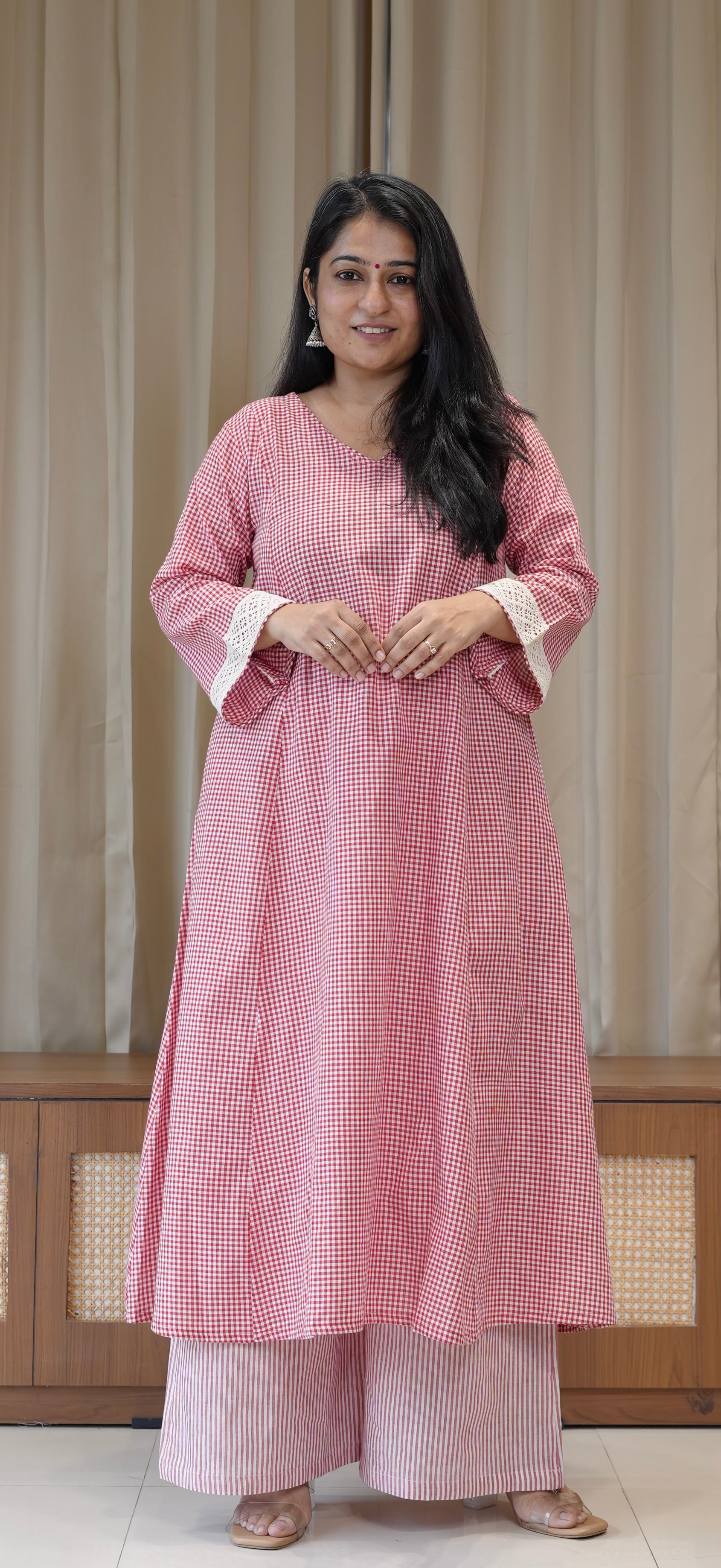 Red Small Checks+Stripes Handwoven Cotton Kurta