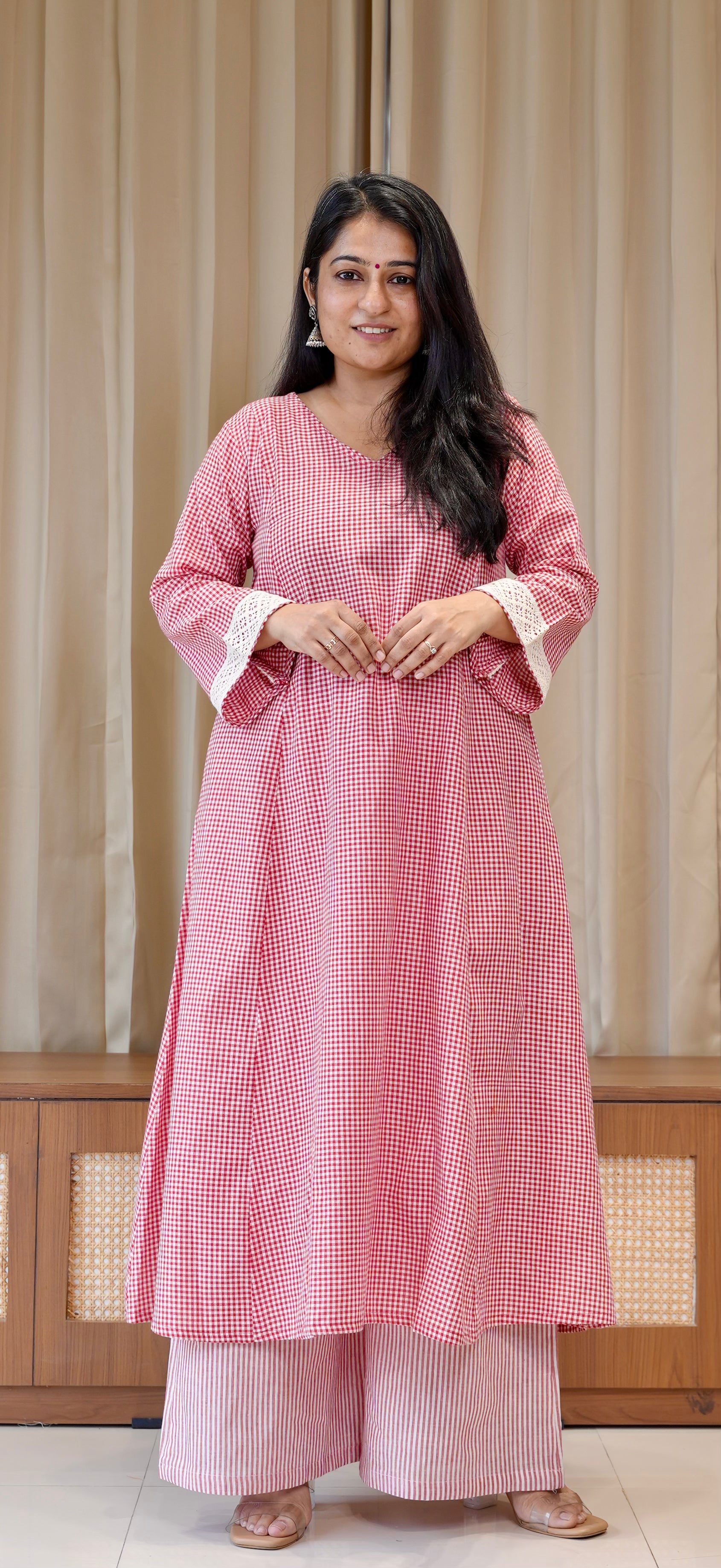 Red Small Checks+Stripes Handwoven Cotton Kurta