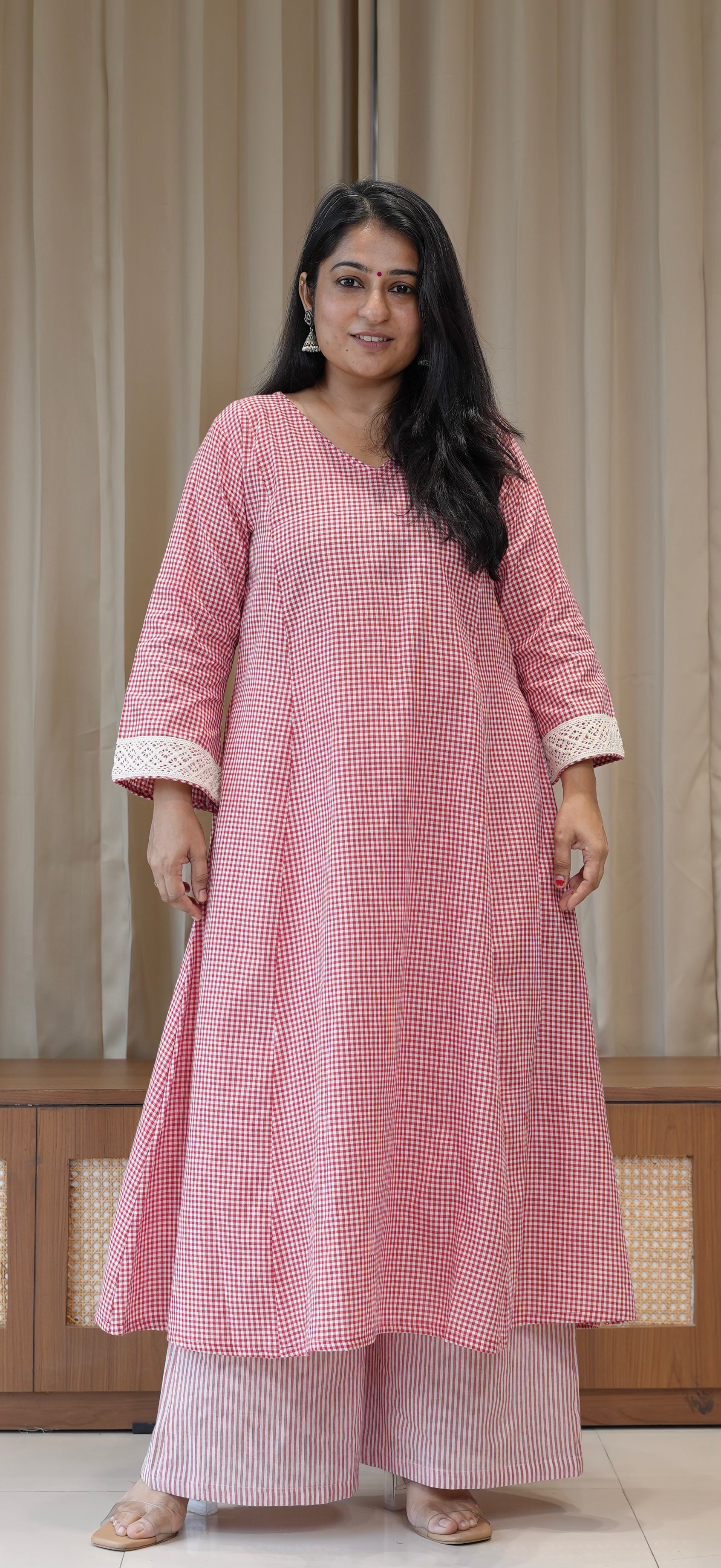 Red Small Checks+Stripes Handwoven Cotton Kurta