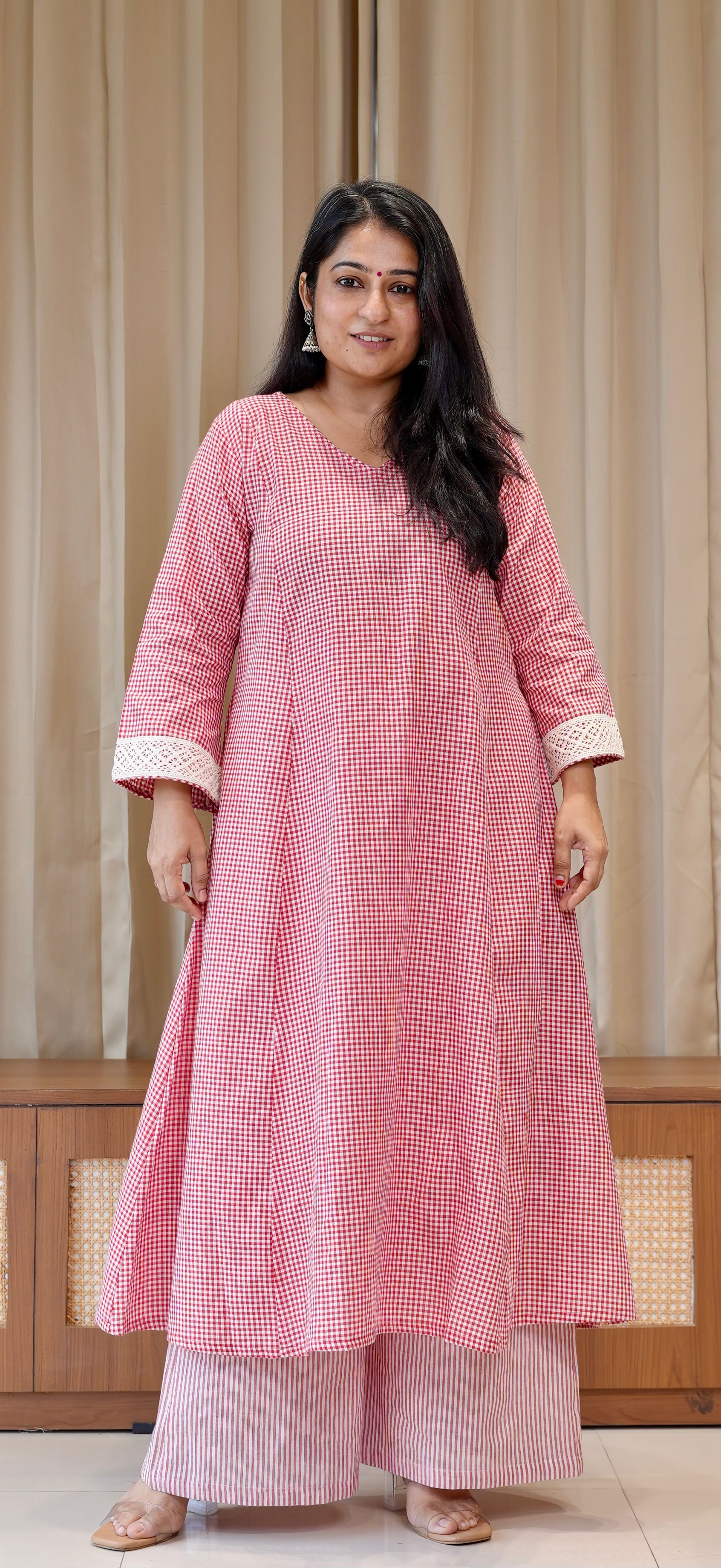 Red Small Checks+Stripes Handwoven Cotton Kurta