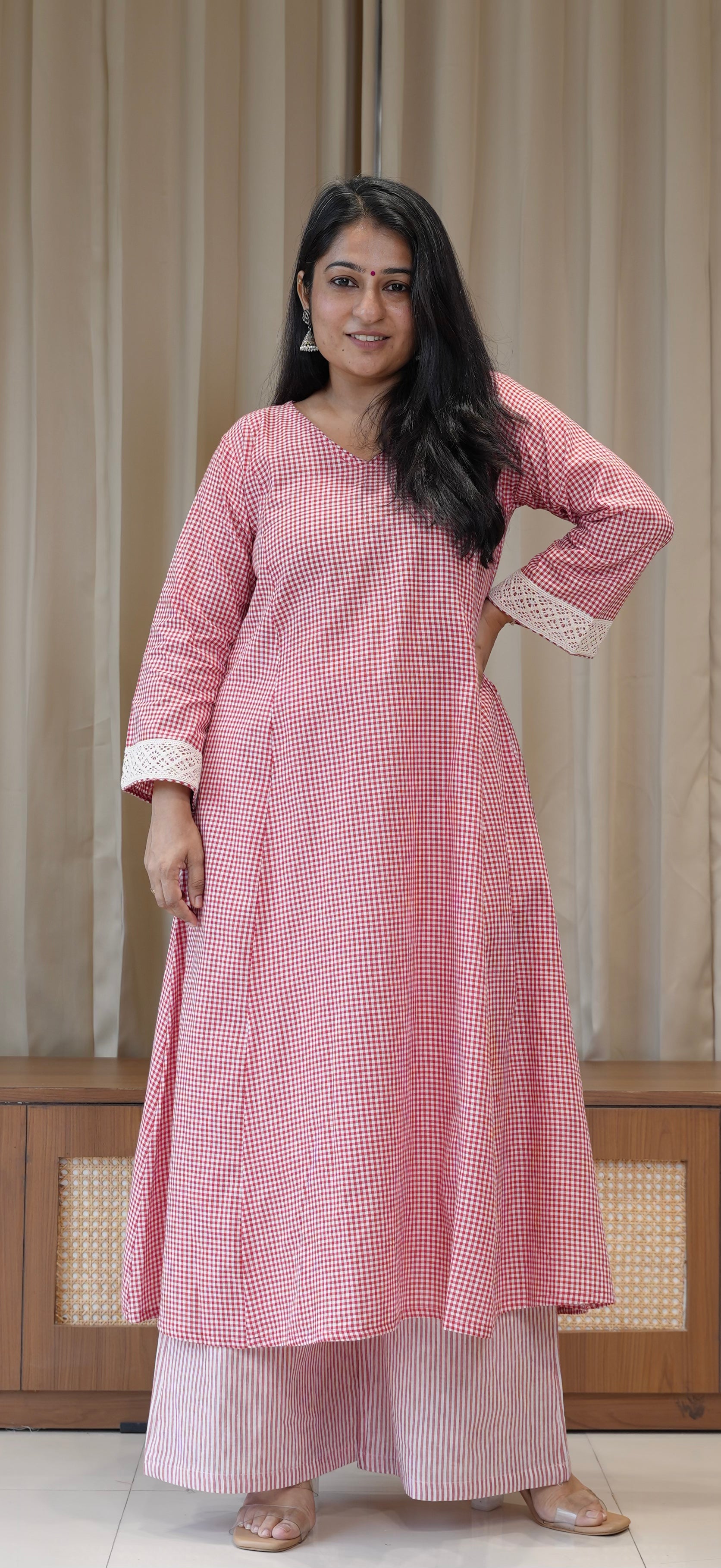 Red Small Checks+Stripes Handwoven Cotton Kurta
